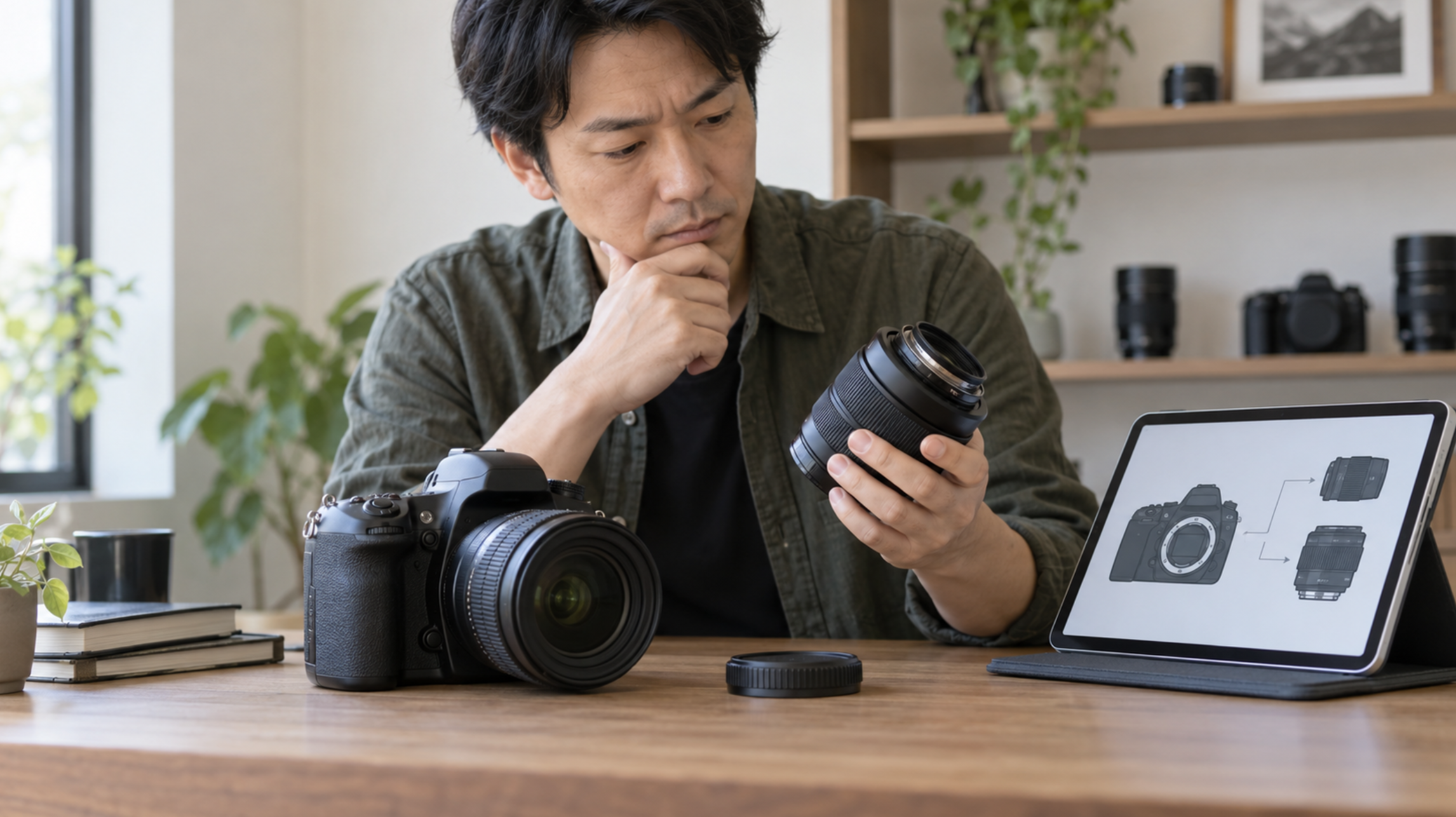 中古Nikon一眼レフと交換レンズの互換性を確認する日本人男性