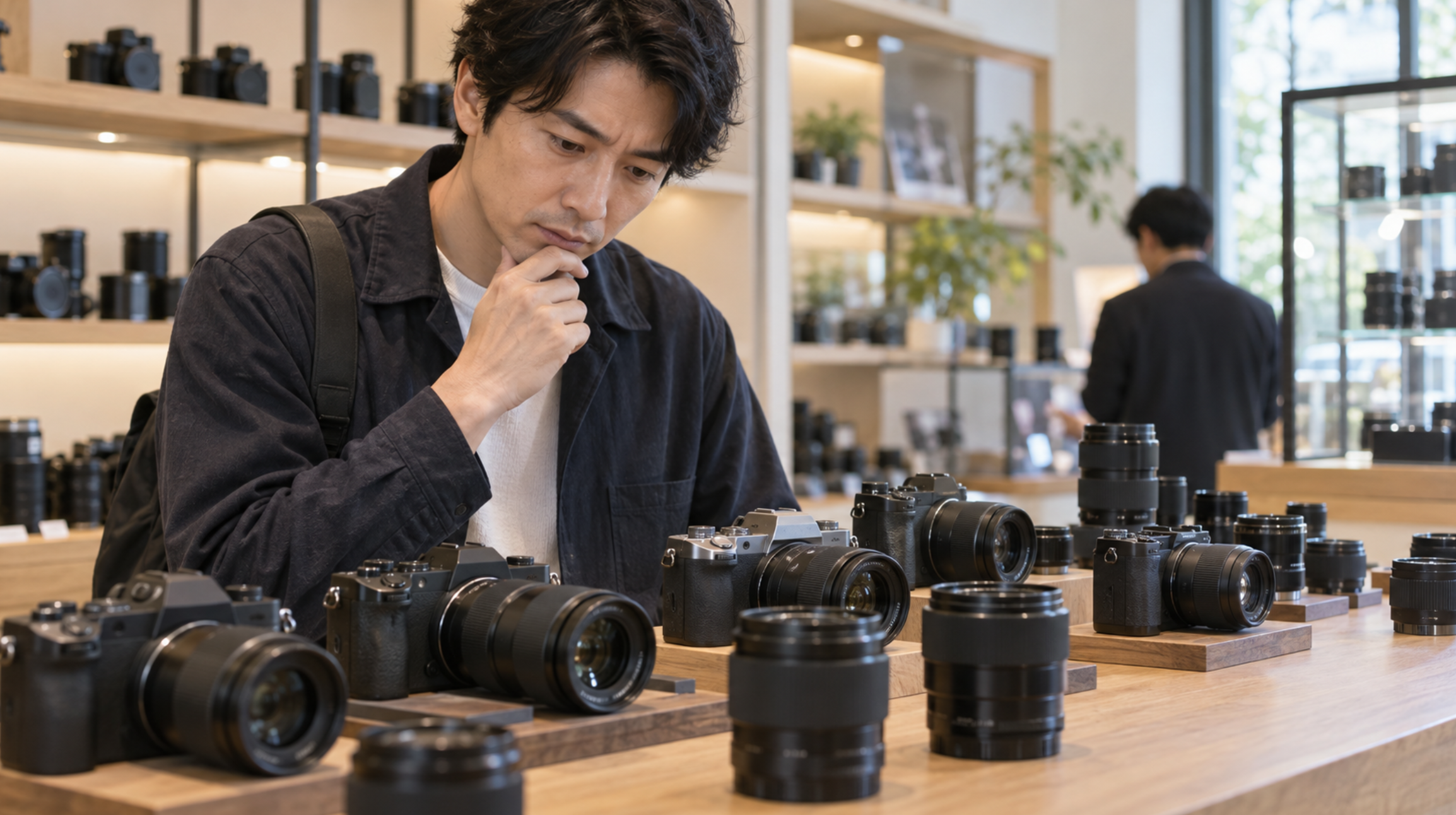 中古カメラ店で複数のカメラとレンズを比較する日本人男性