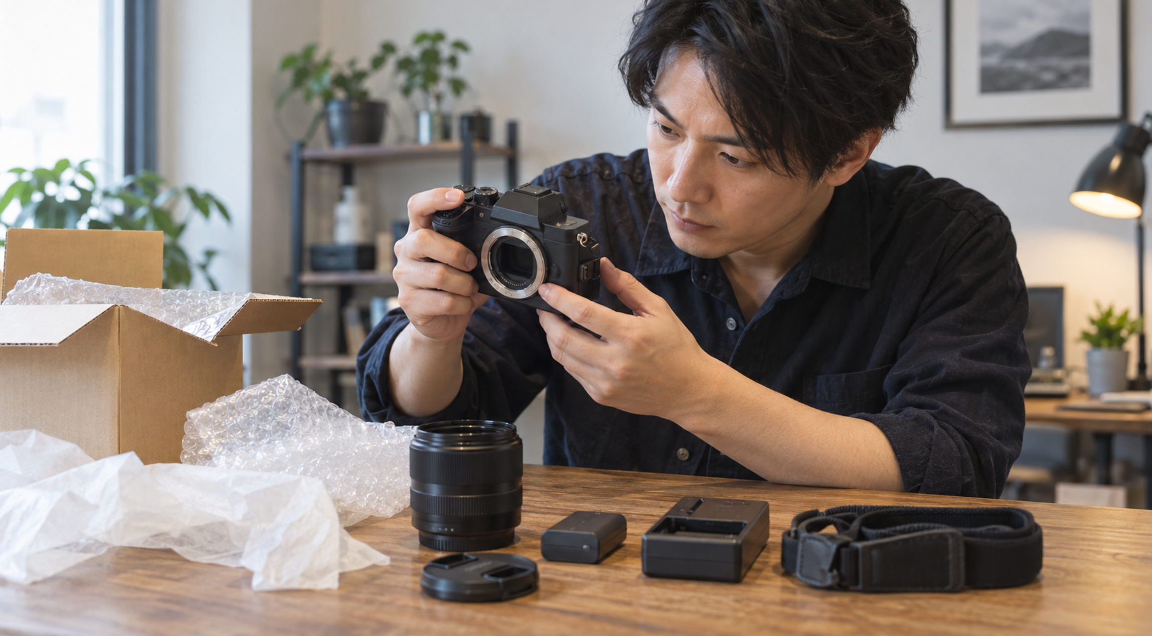 通販で届いた中古カメラの外観と付属品を確認する日本人男性