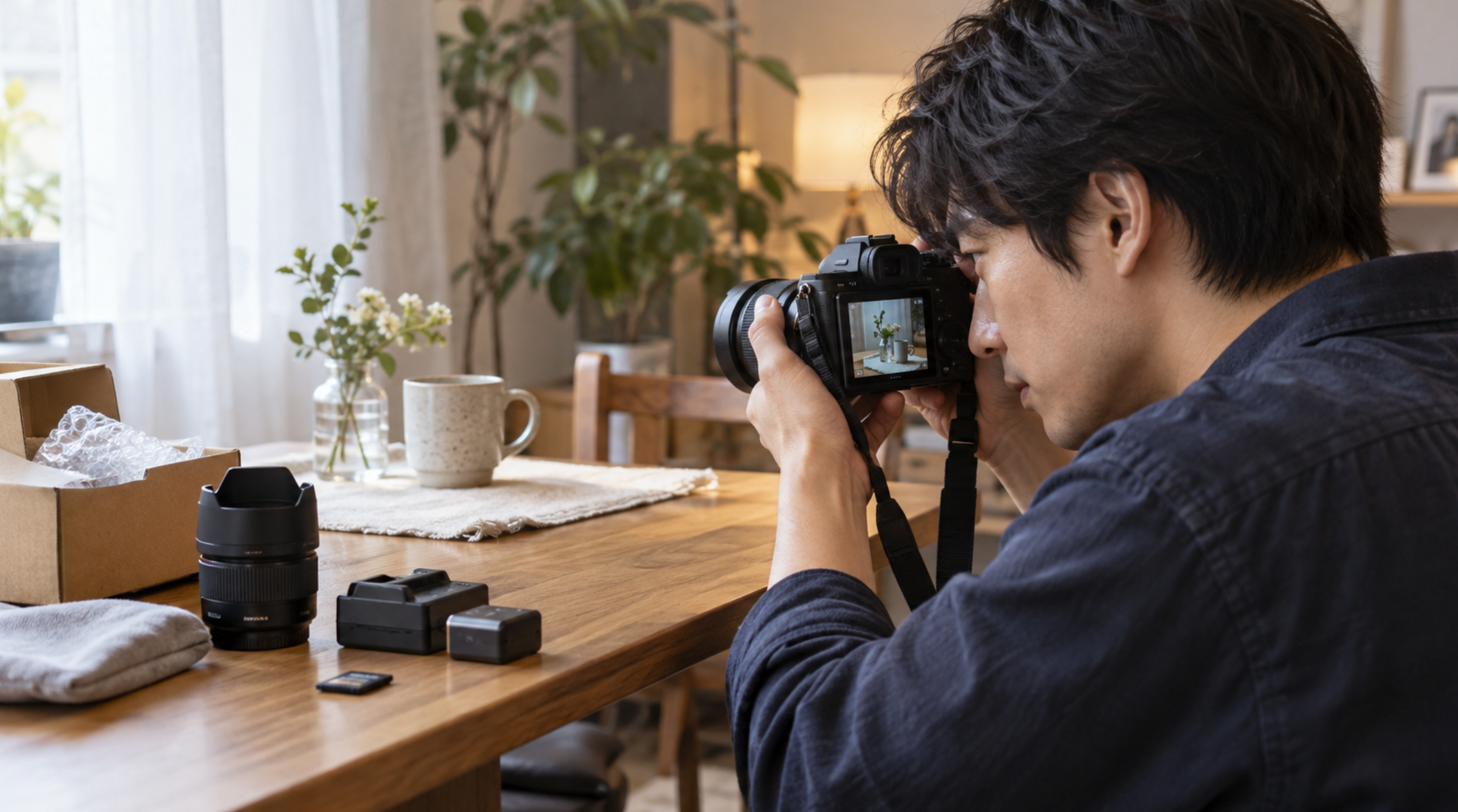 購入した中古カメラを実写して動作確認する日本人男性