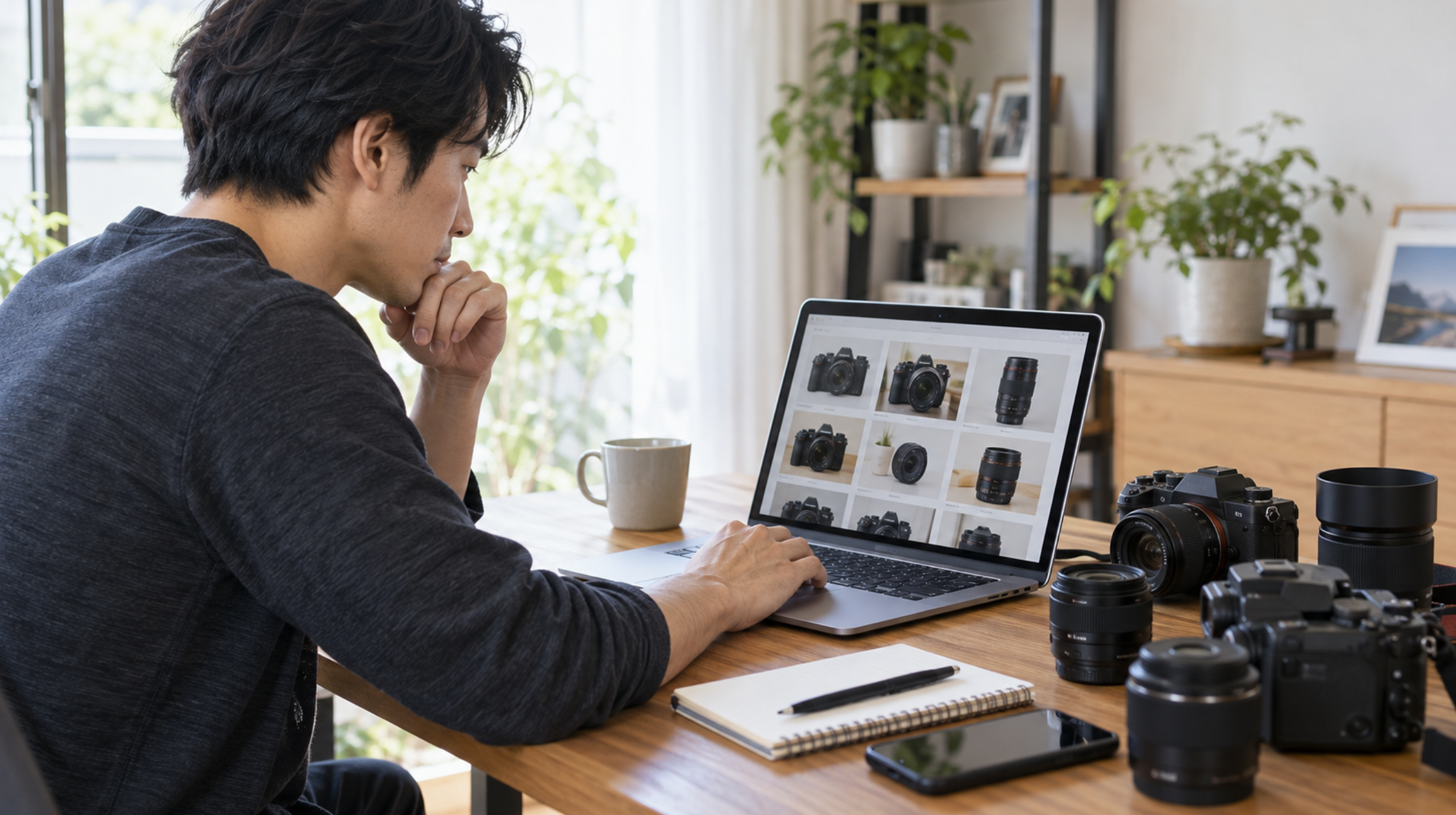 ネットで中古カメラとレンズの在庫を比較する日本人男性