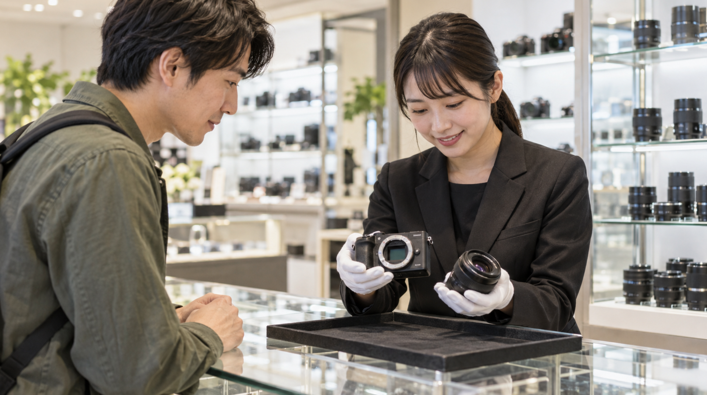 店舗で中古カメラとレンズの現品を確認する日本人客