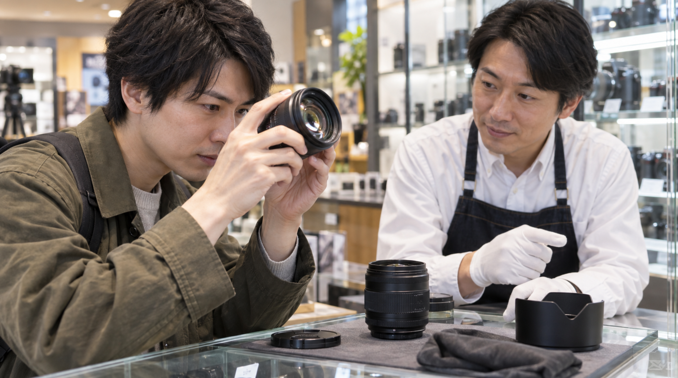 中古カメラレンズを光にかざしてカビやクモリを確認する日本人客