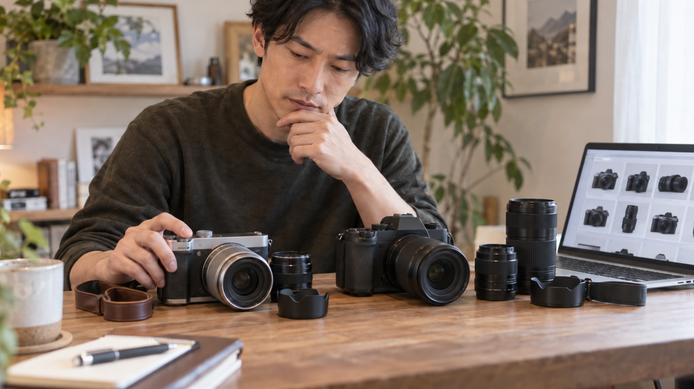 2台の中古カメラとレンズを比較しながら購入先を検討する男性