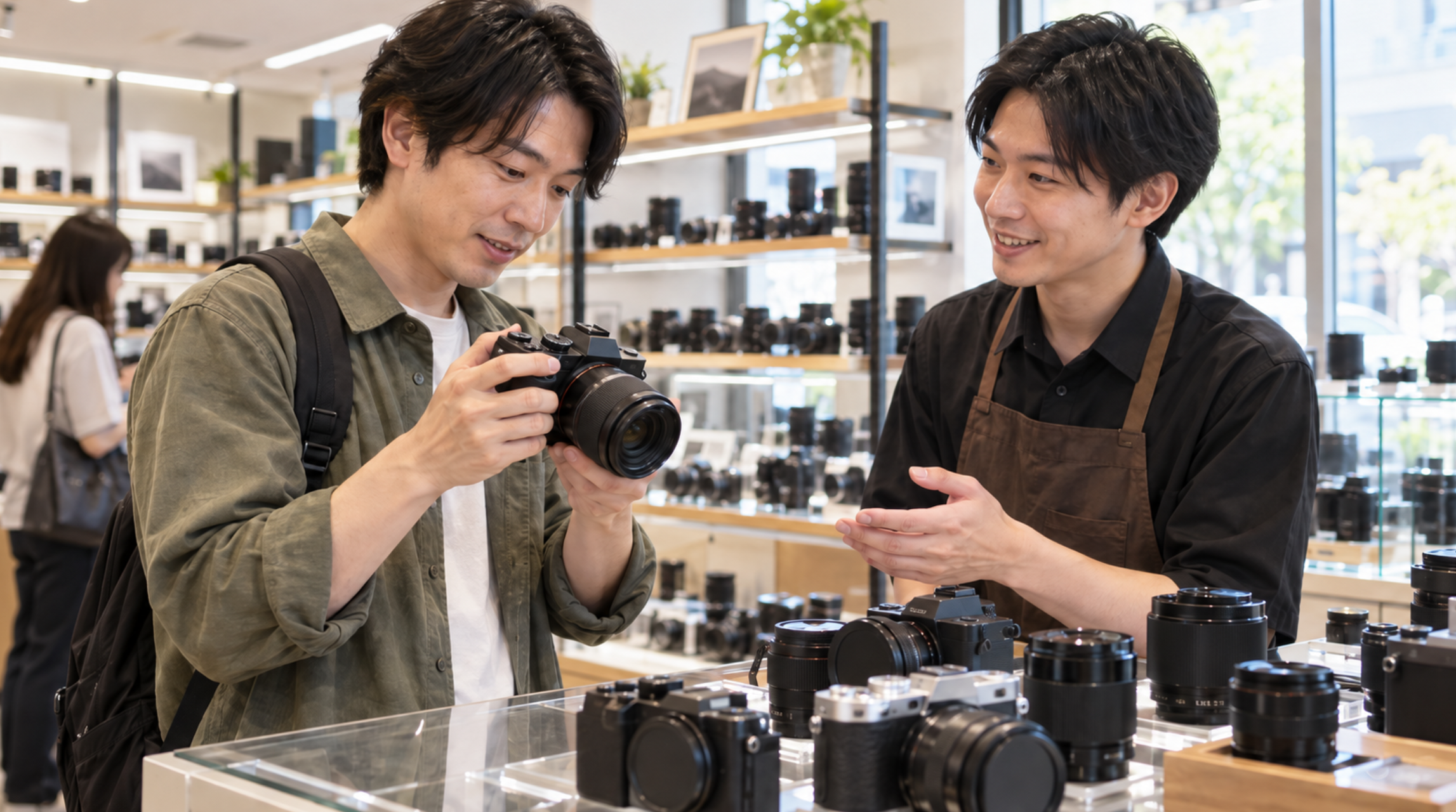 中古カメラ店で実機を手に取り店員と状態を確認する男性