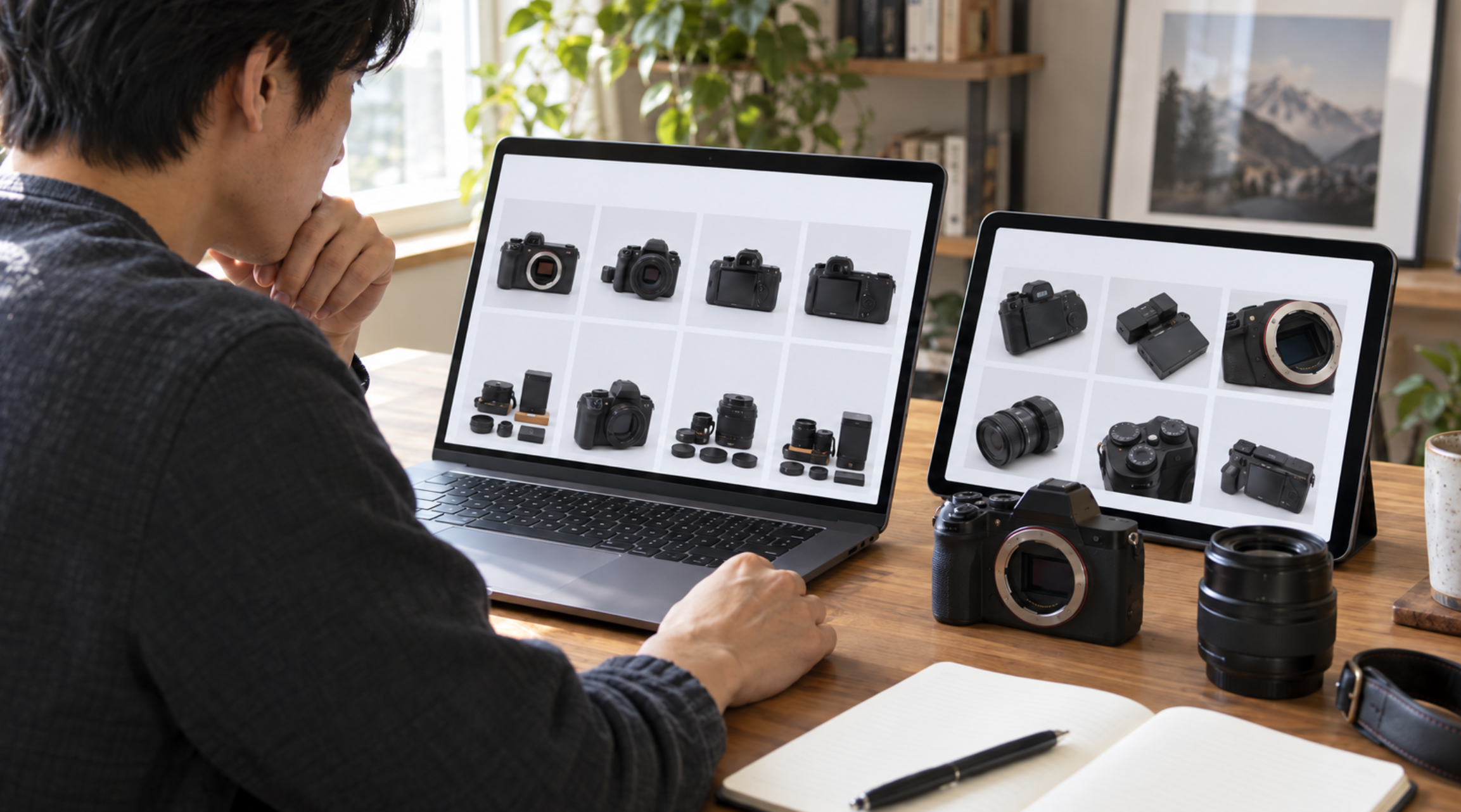 パソコンとタブレットで中古カメラの商品写真を比較する男性