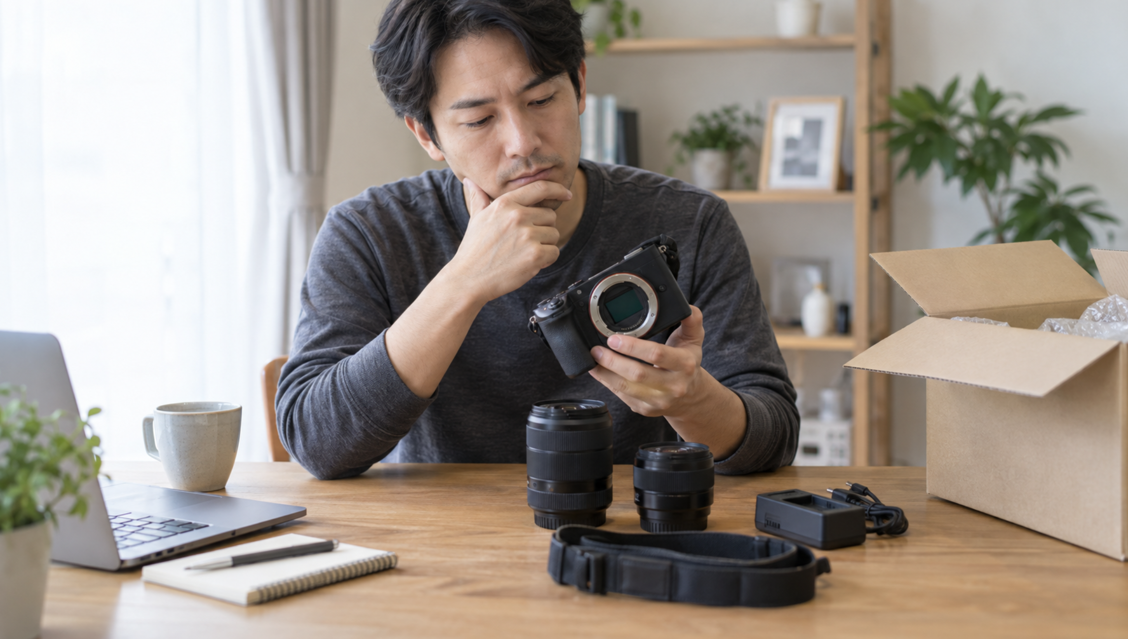 中古カメラの宅配買取を検討する日本人男性とカメラ機材