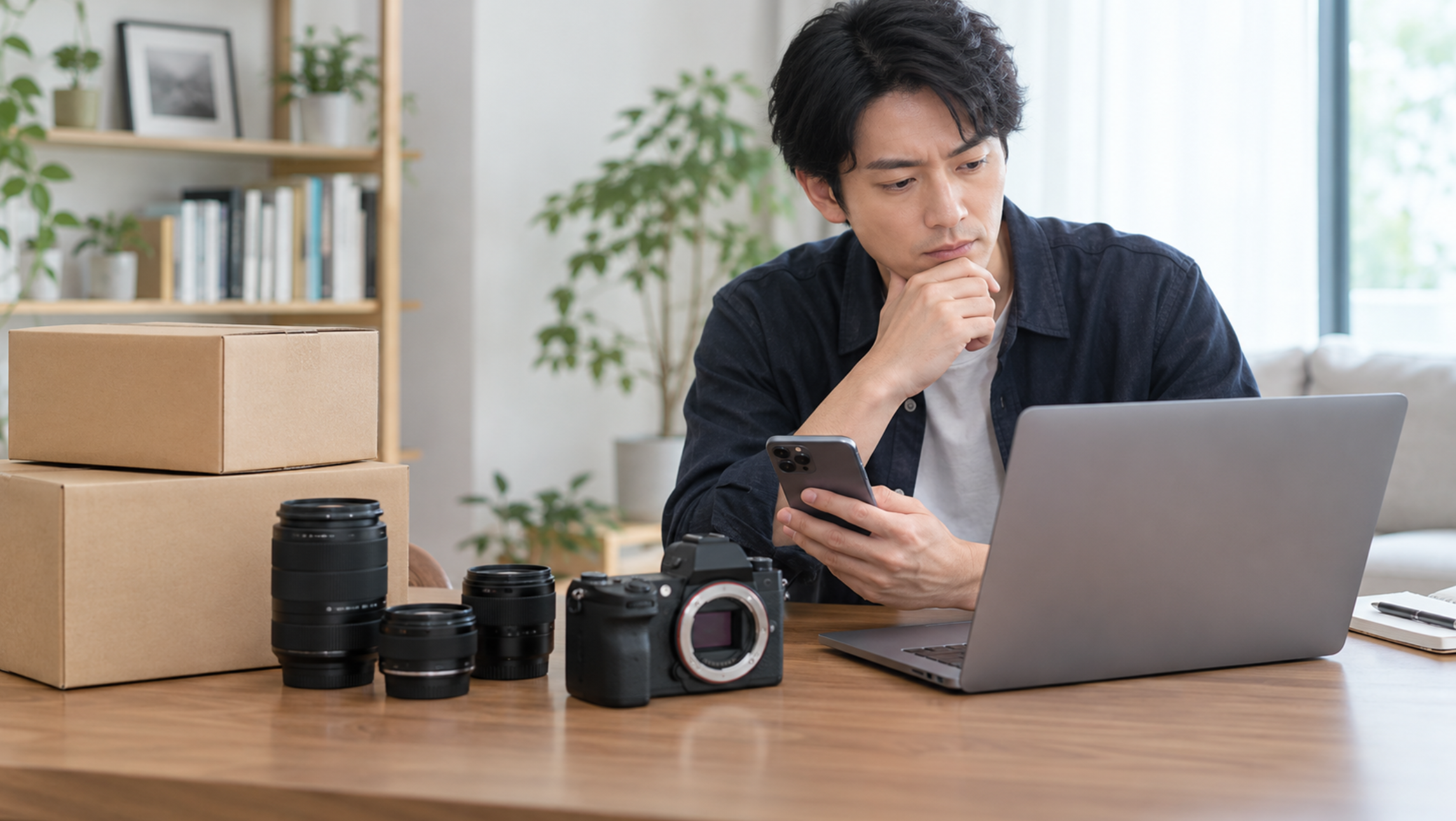 中古カメラの買取価格や査定条件を複数社で比較する日本人男性