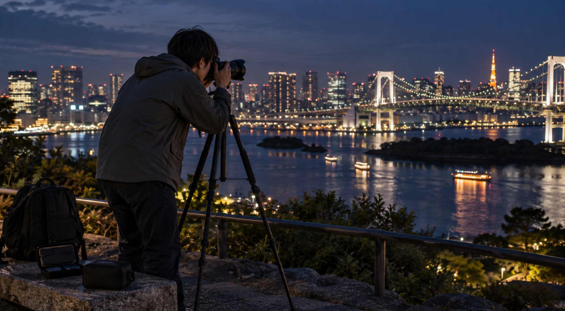 三脚にカメラを設置して都市の夜景を撮影する日本人カメラマン