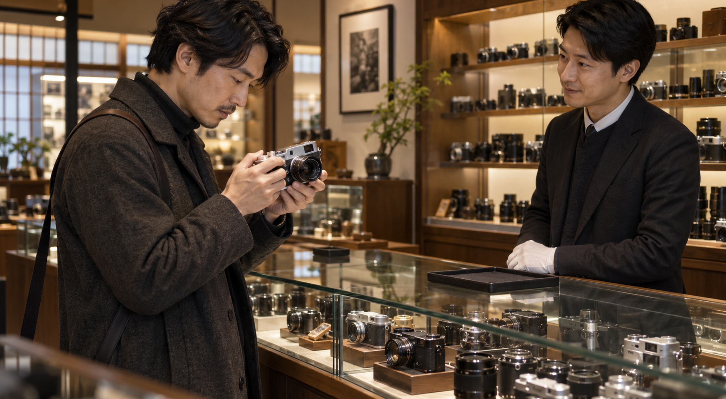 中古カメラ店でライカ系レンジファインダーカメラを確認する日本人男性
