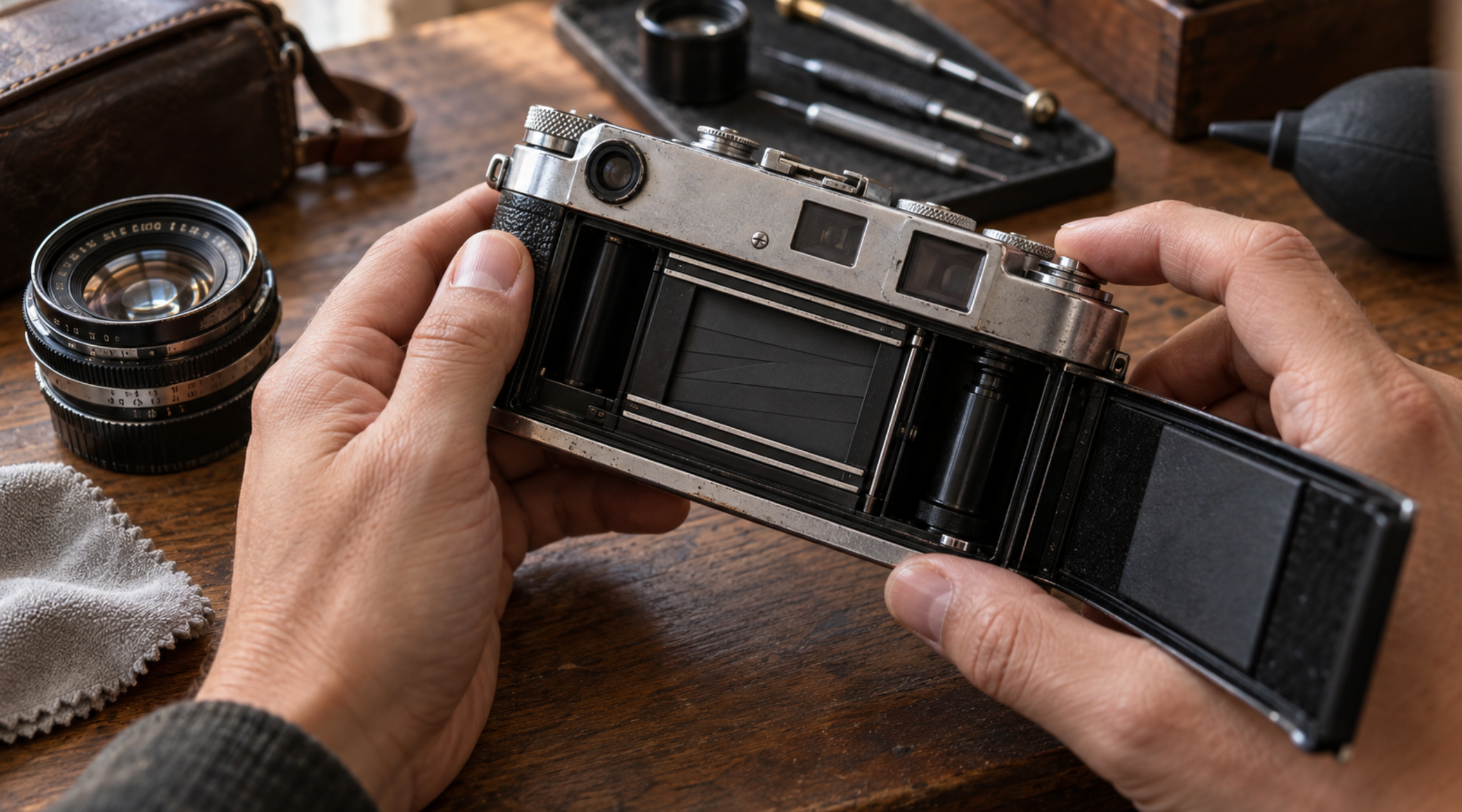 中古フィルムライカ購入前にシャッター幕とフィルム室を確認するイメージ