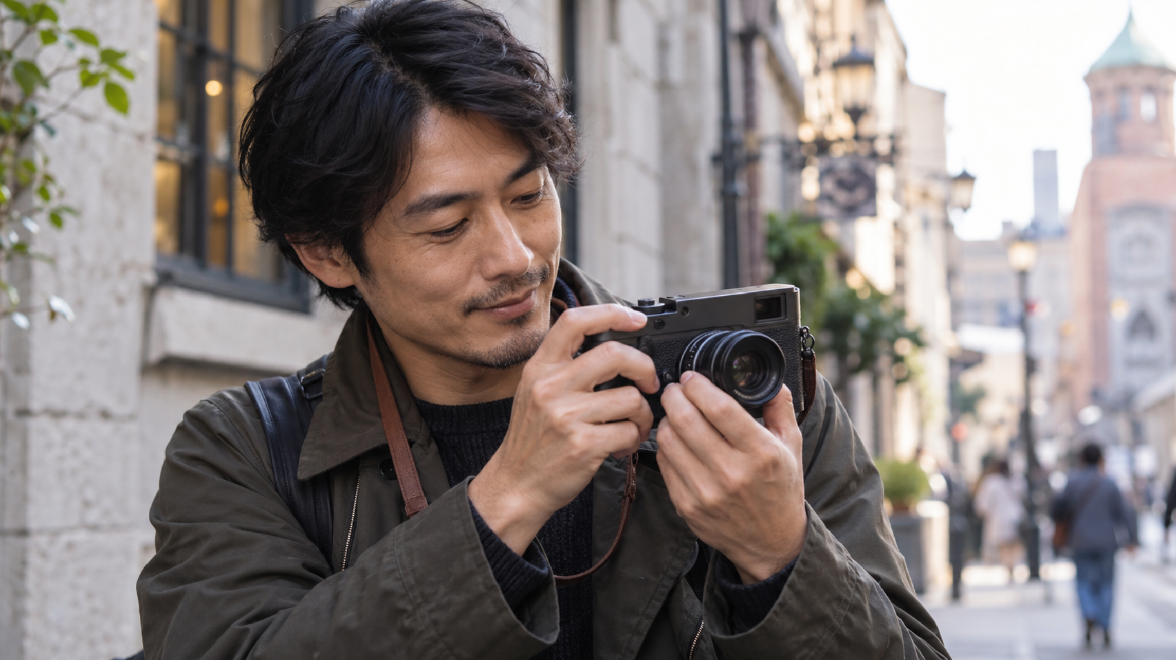 街中でレンジファインダー型カメラを操作する日本人男性