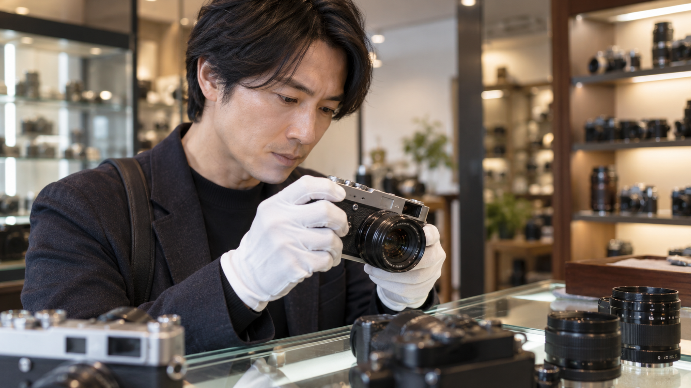中古カメラ店でレンジファインダー型カメラの状態を確認する日本人男性