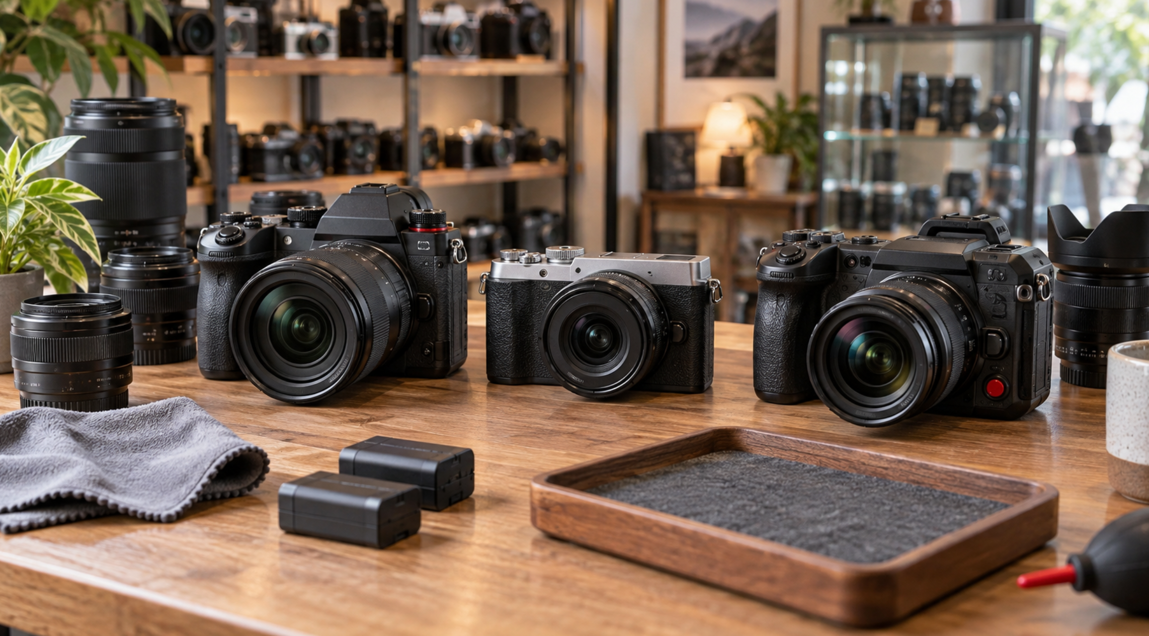 中古LUMIX選びをイメージした複数のミラーレスカメラと交換レンズ
