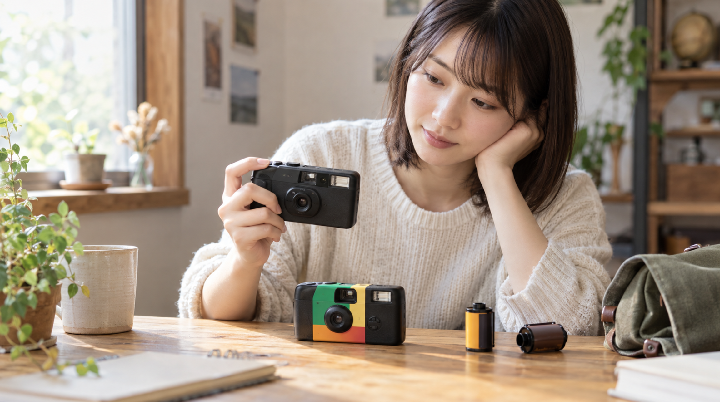 初心者が安いフィルムカメラと35mmフィルムを比較して選んでいる様子
