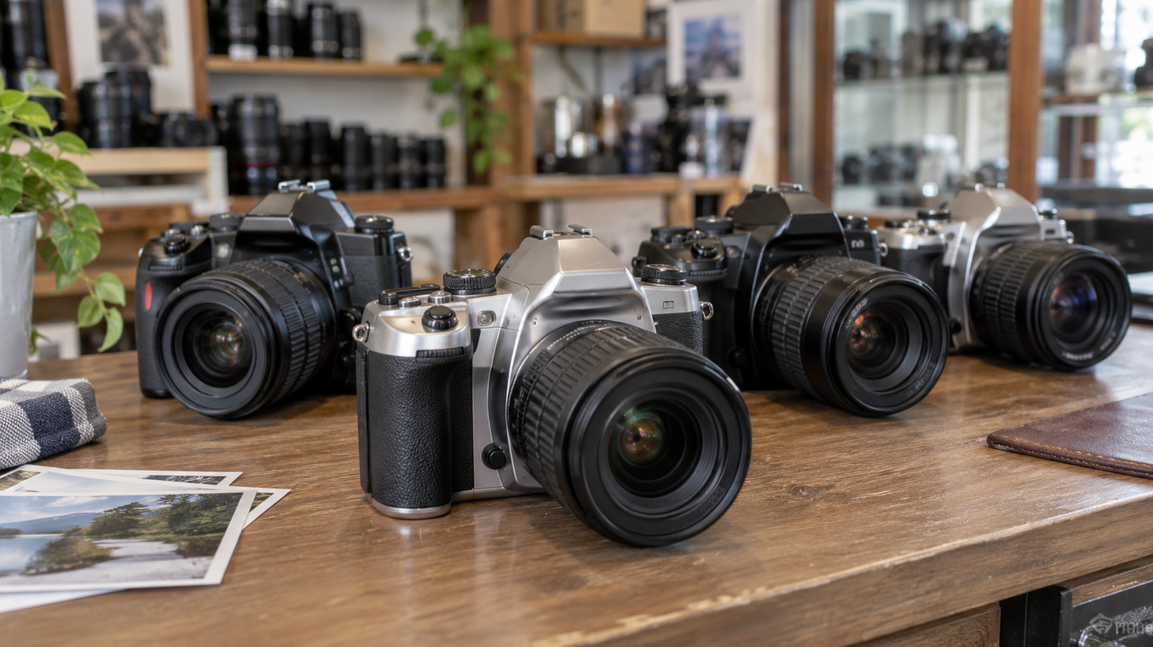 初心者向けの安い中古AFフィルム一眼レフが複数並ぶカメラ店