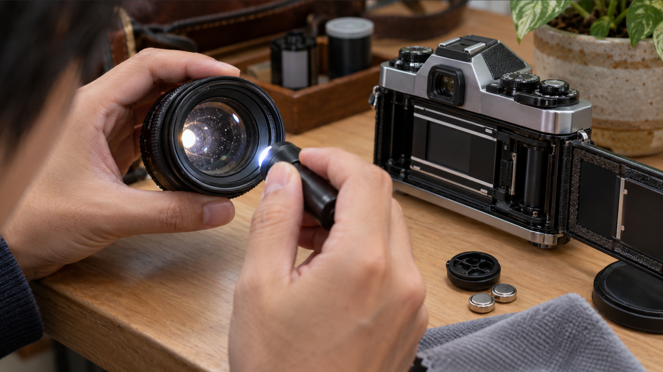 中古フィルムカメラのレンズやモルトを購入前に点検する様子