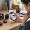 中古カメラ購入前にスマホの商品写真とカメラ本体を確認する男性