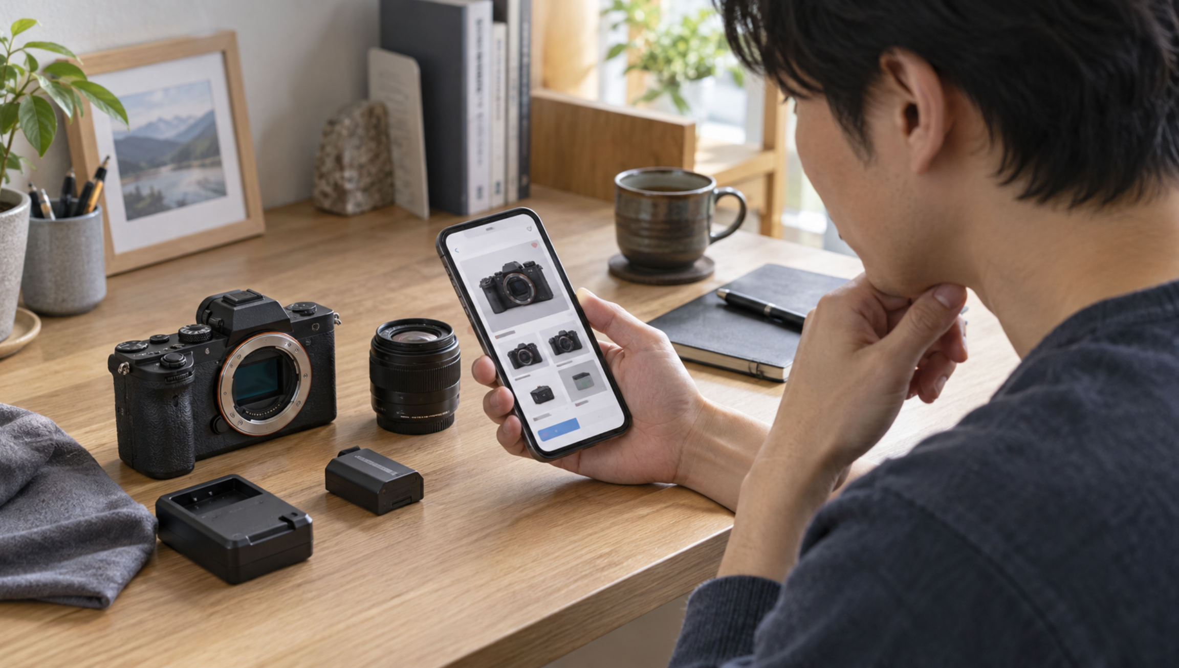 中古カメラ購入前にスマホの商品写真とカメラ本体を確認する男性