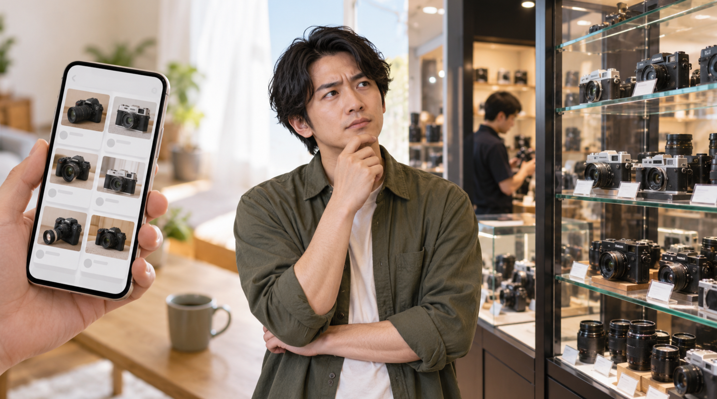 メルカリの中古カメラと専門店の商品を比較して購入先を検討する男性