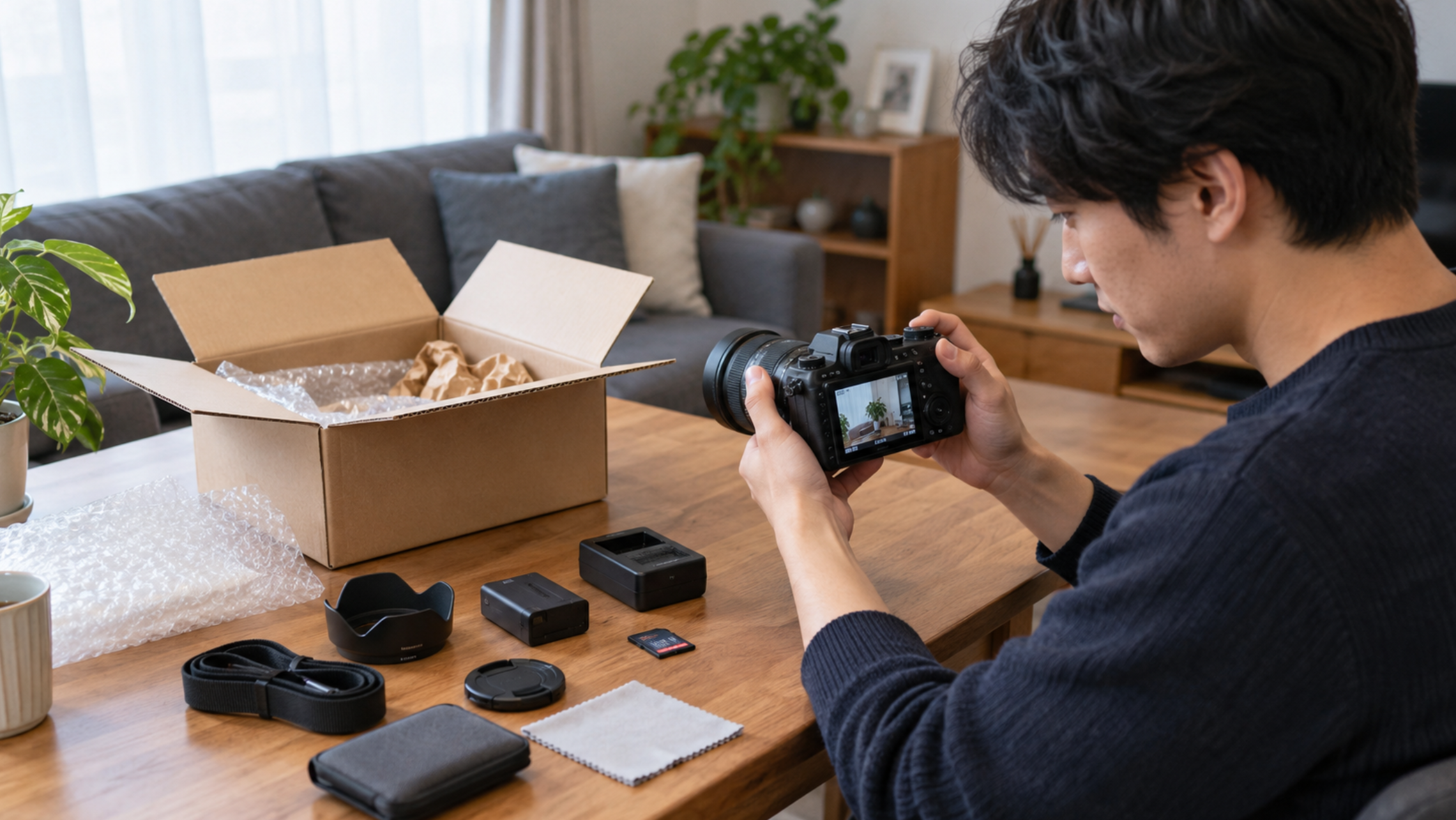 届いた中古カメラを受取評価前に開封して動作確認する男性