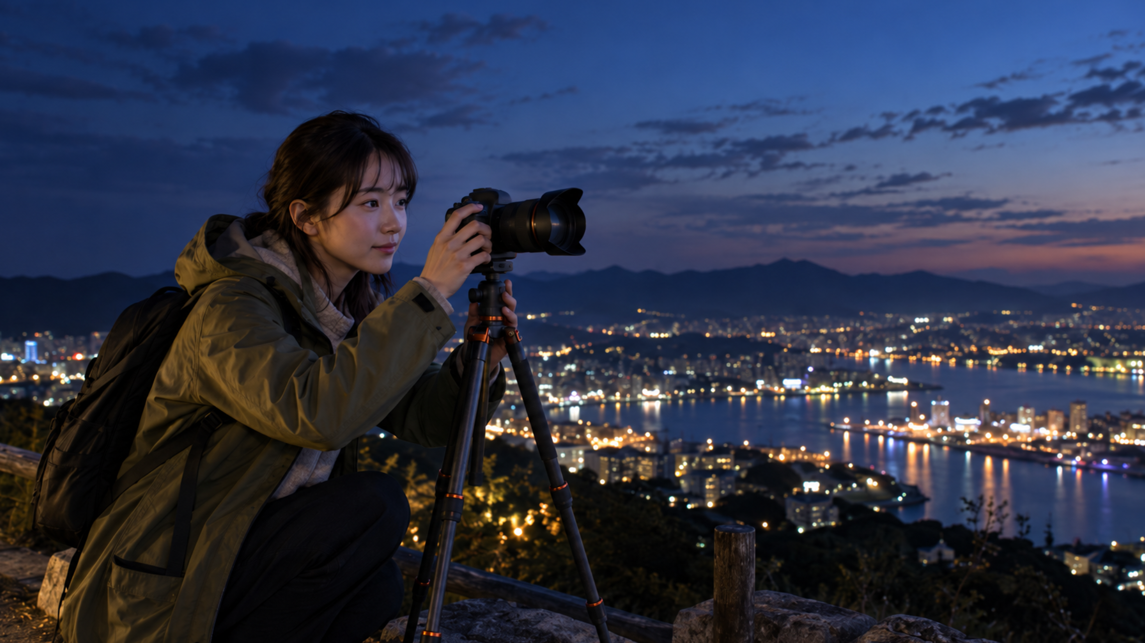 三脚にカメラを設置して夕暮れの街と港の夜景を撮影する日本人女性