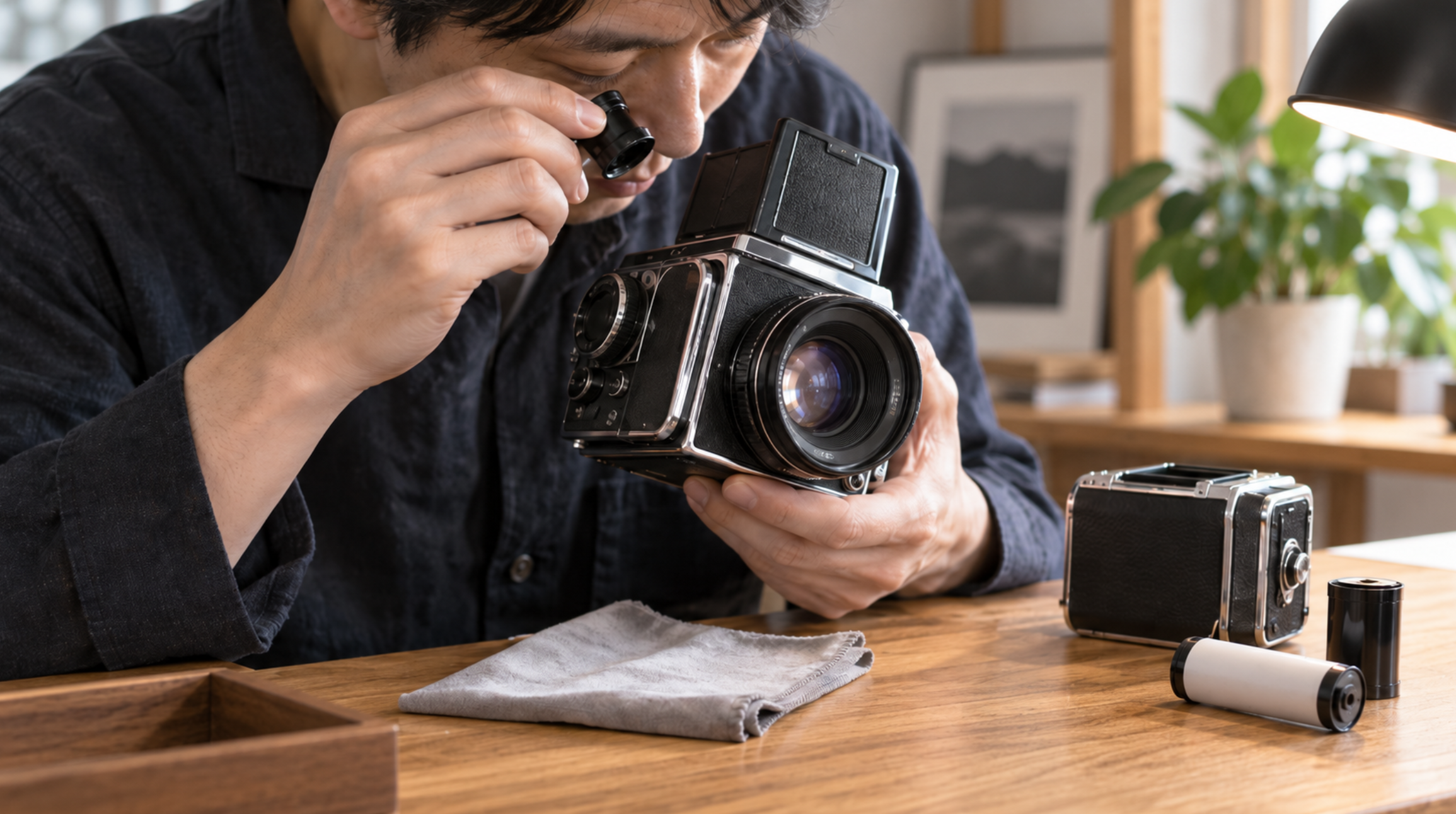 中古6×6カメラのレンズやフィルムバックを点検する様子