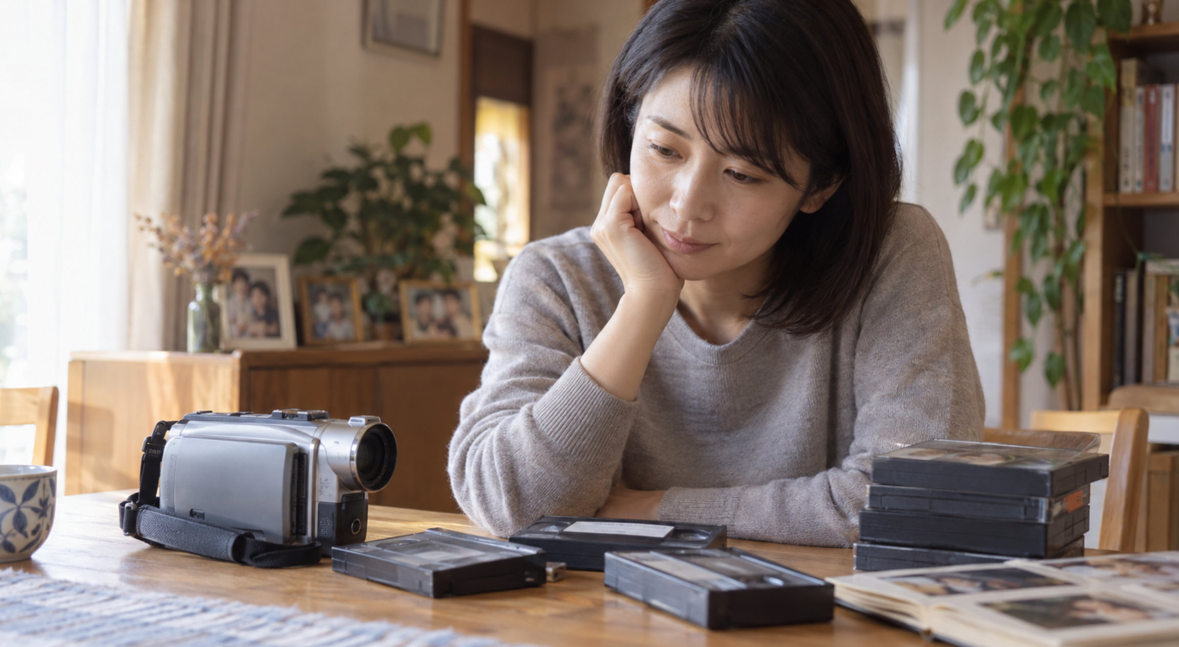 古い8ミリビデオカメラとテープを確認する日本人女性