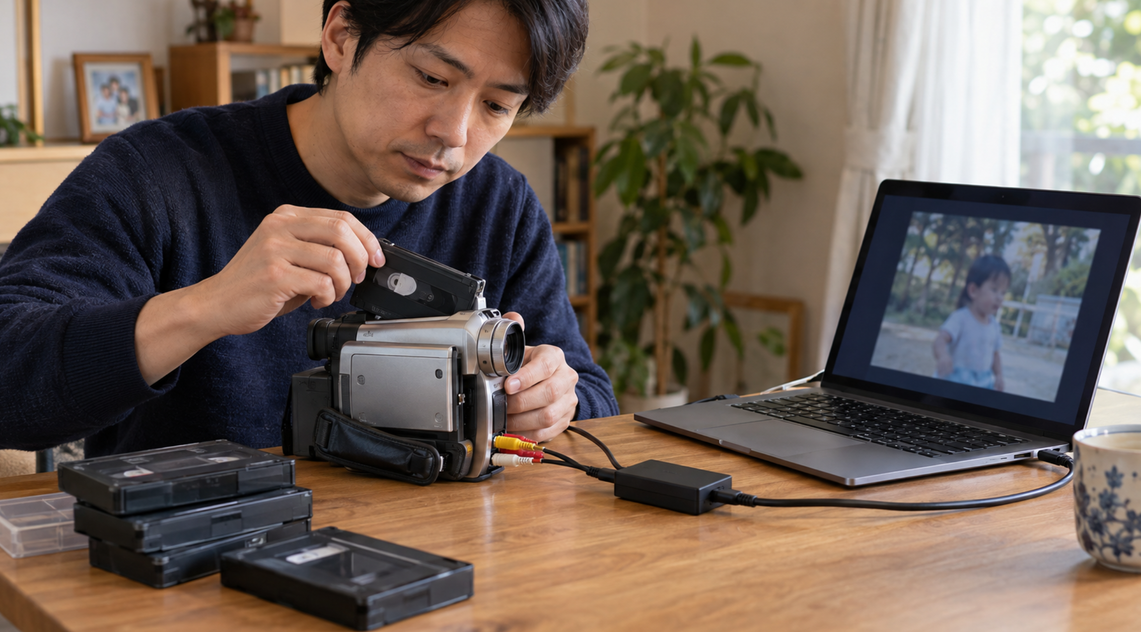8ミリビデオをパソコンへデジタル化する日本人男性