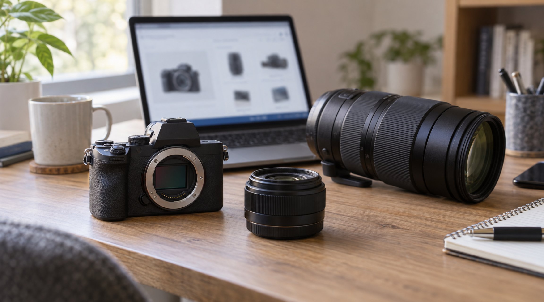 カメラと100-400mm望遠レンズの買取価格を確認するイメージ