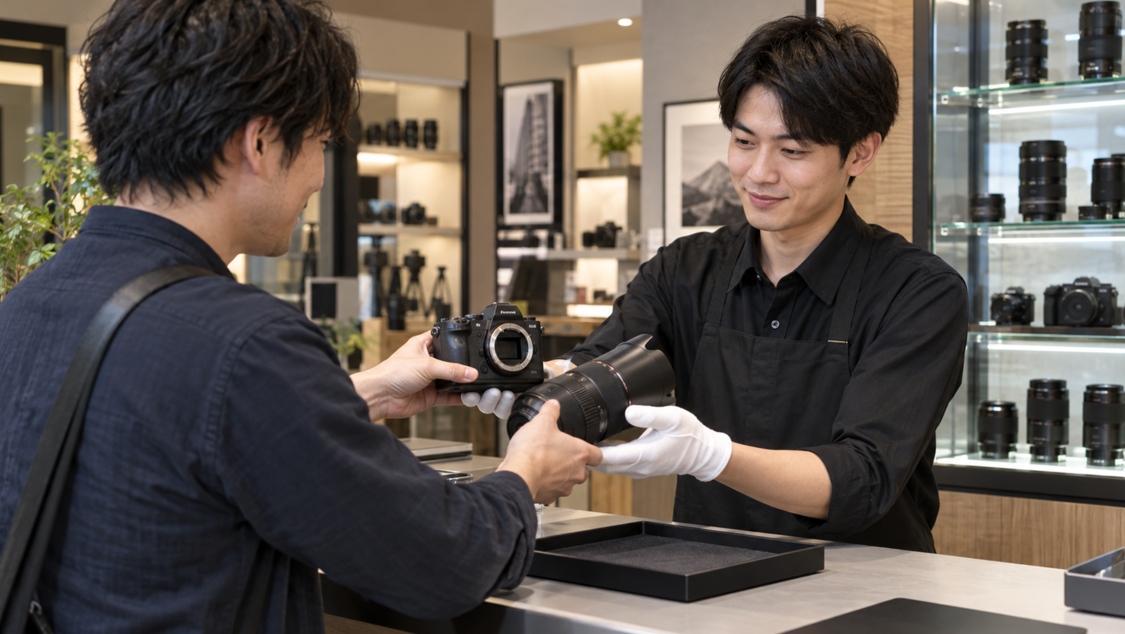 カメラ専門店でカメラとレンズを持ち込み買取に出す様子