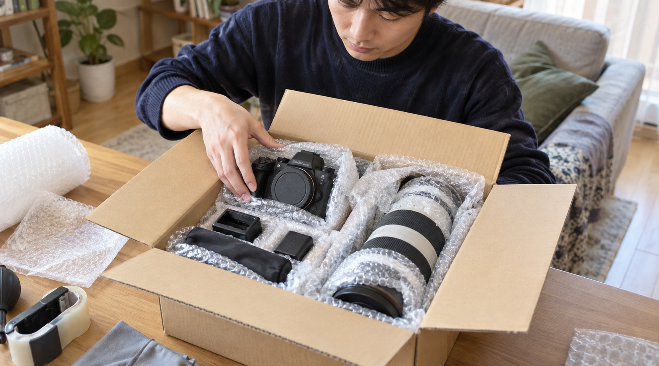 宅配買取に出すカメラと望遠レンズを緩衝材で梱包する様子