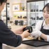 カメラ店の店頭で交換レンズをスタッフに渡して買取査定を依頼する様子