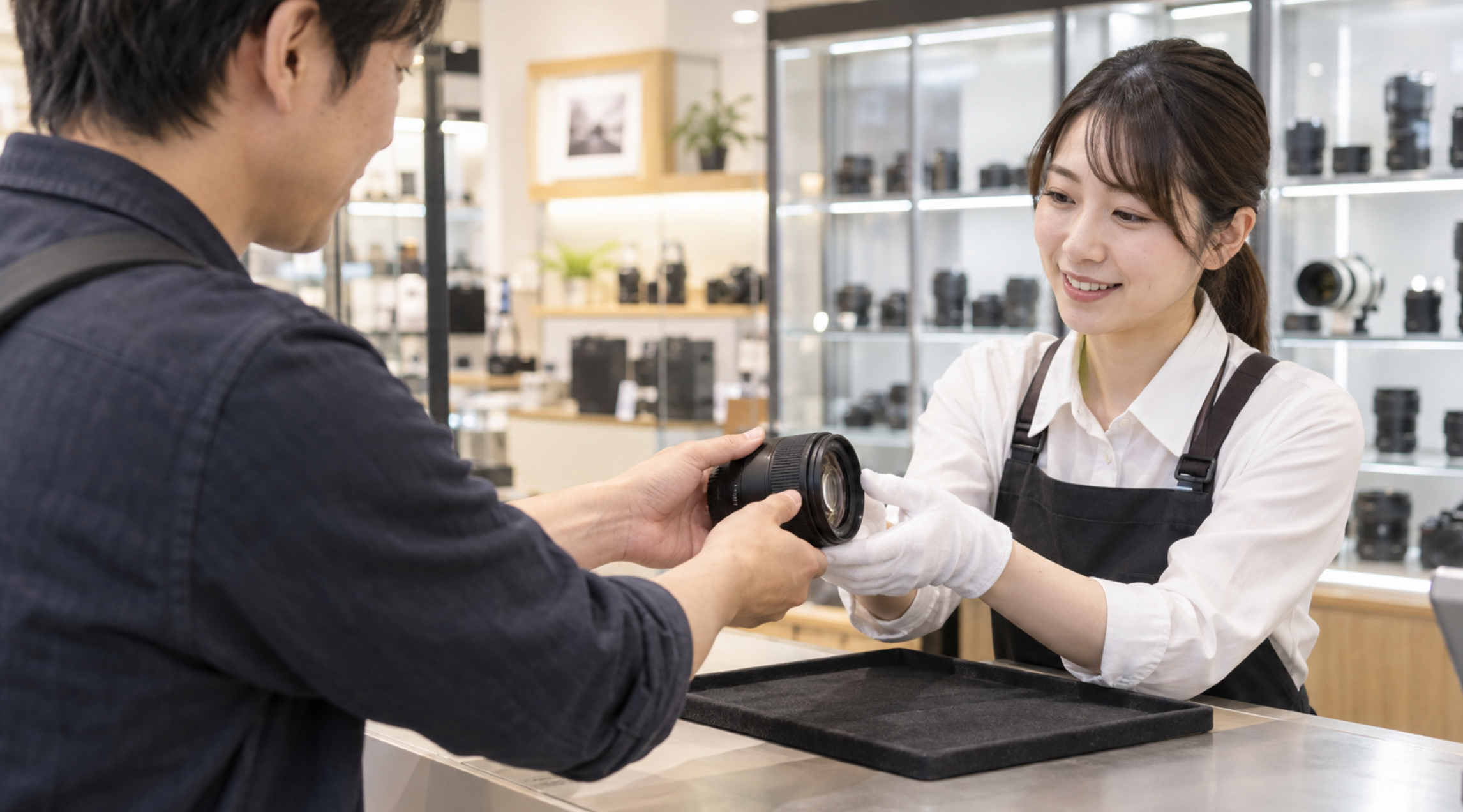 カメラ店の店頭で交換レンズをスタッフに渡して買取査定を依頼する様子