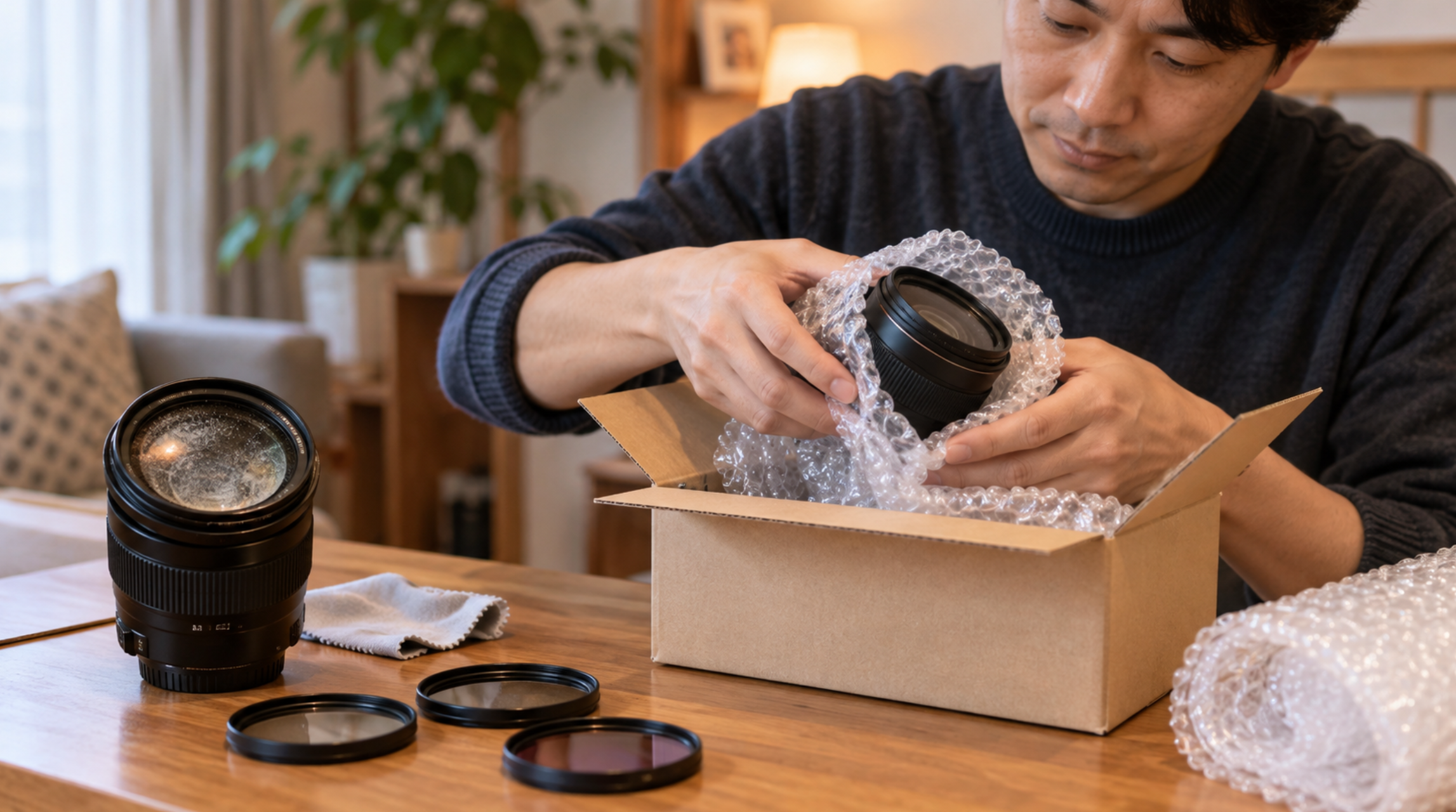 宅配買取に出す交換レンズを緩衝材で包んで段ボール箱に梱包する様子