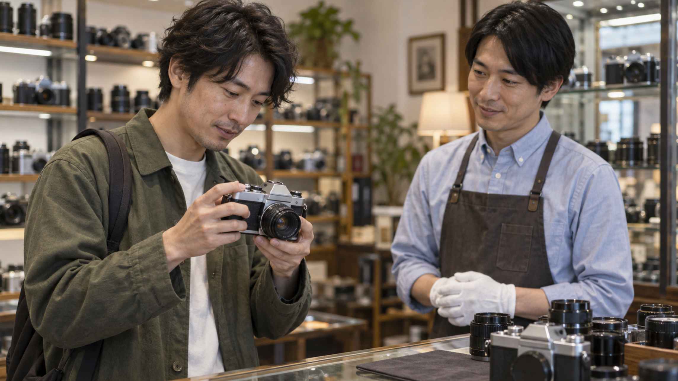 中古カメラ専門店でフィルムカメラの状態を確認する購入者