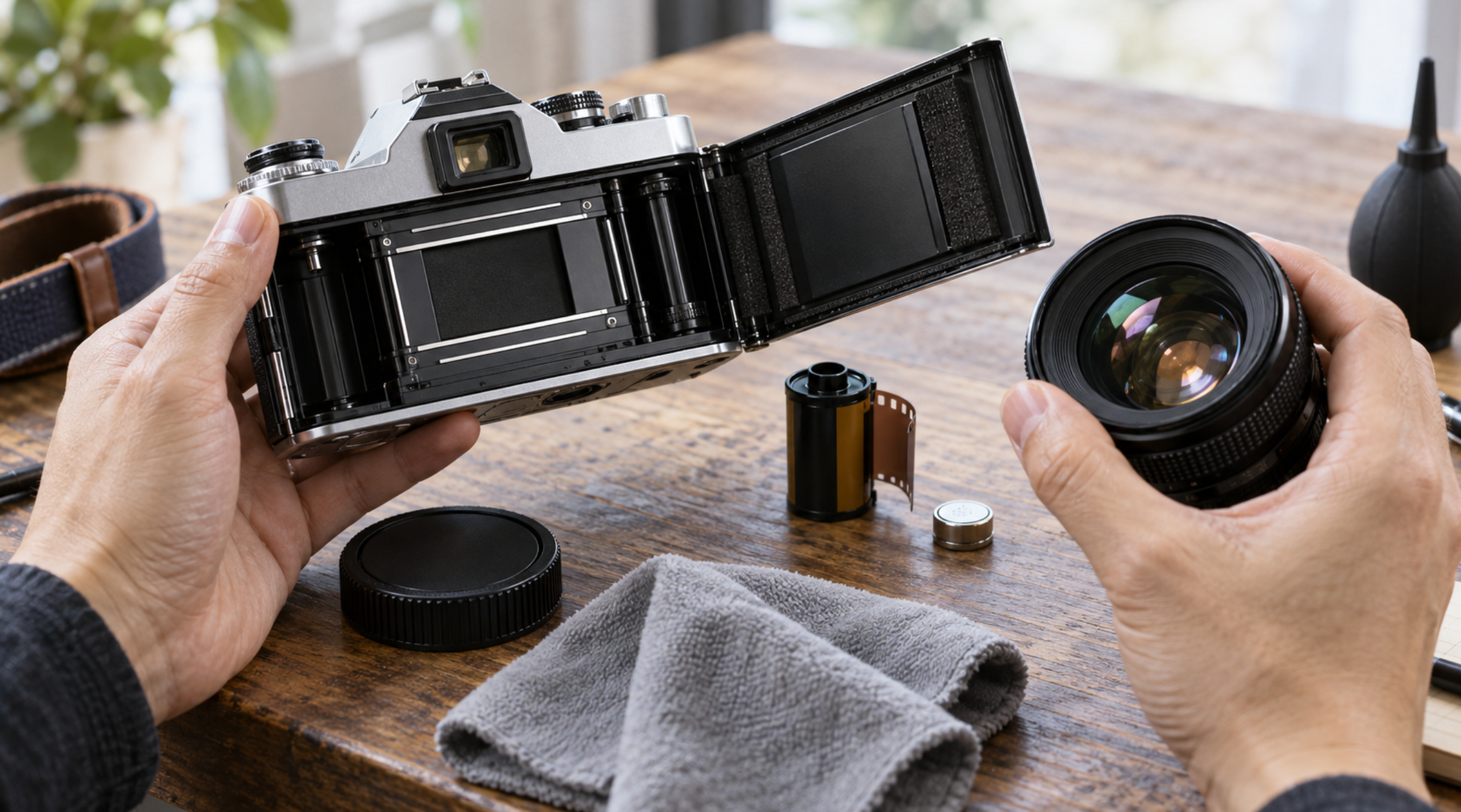 中古フィルムカメラのフィルム室とレンズの状態を確認する様子