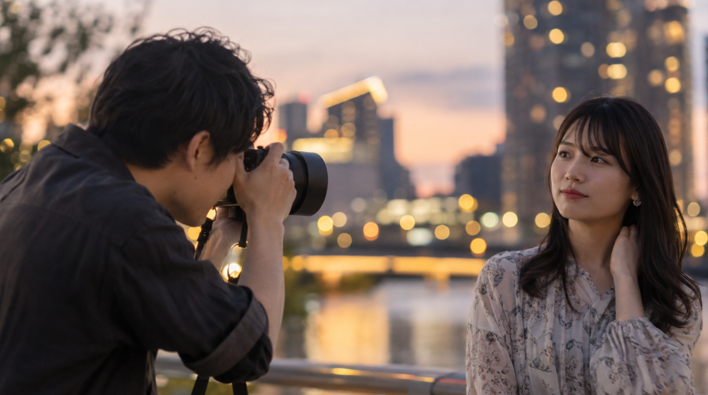 大口径レンズで夕暮れの人物撮影を行い背景を大きくぼかしたポートレート撮影