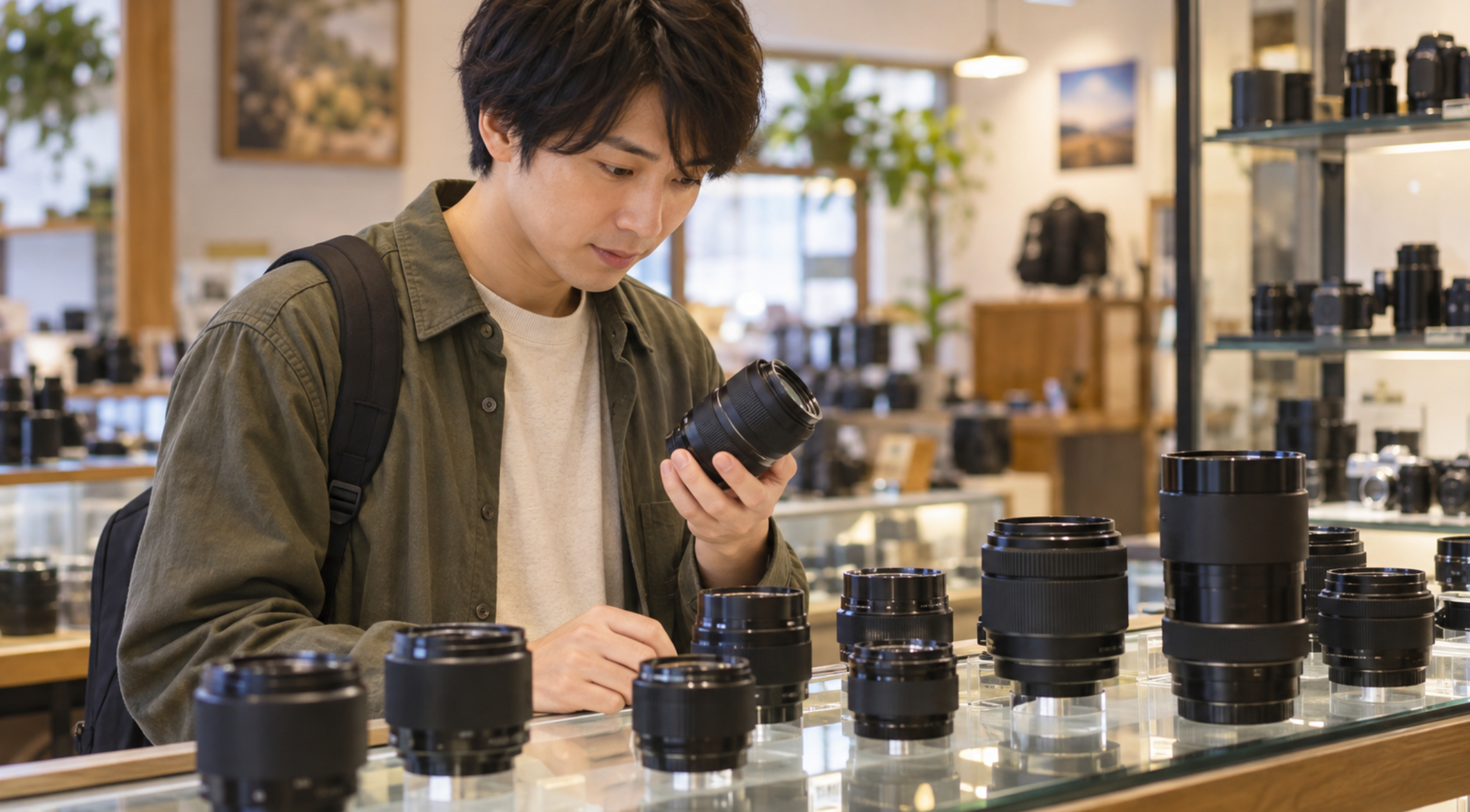 カメラ専門店で中古カメラレンズを比較して選ぶ日本人男性