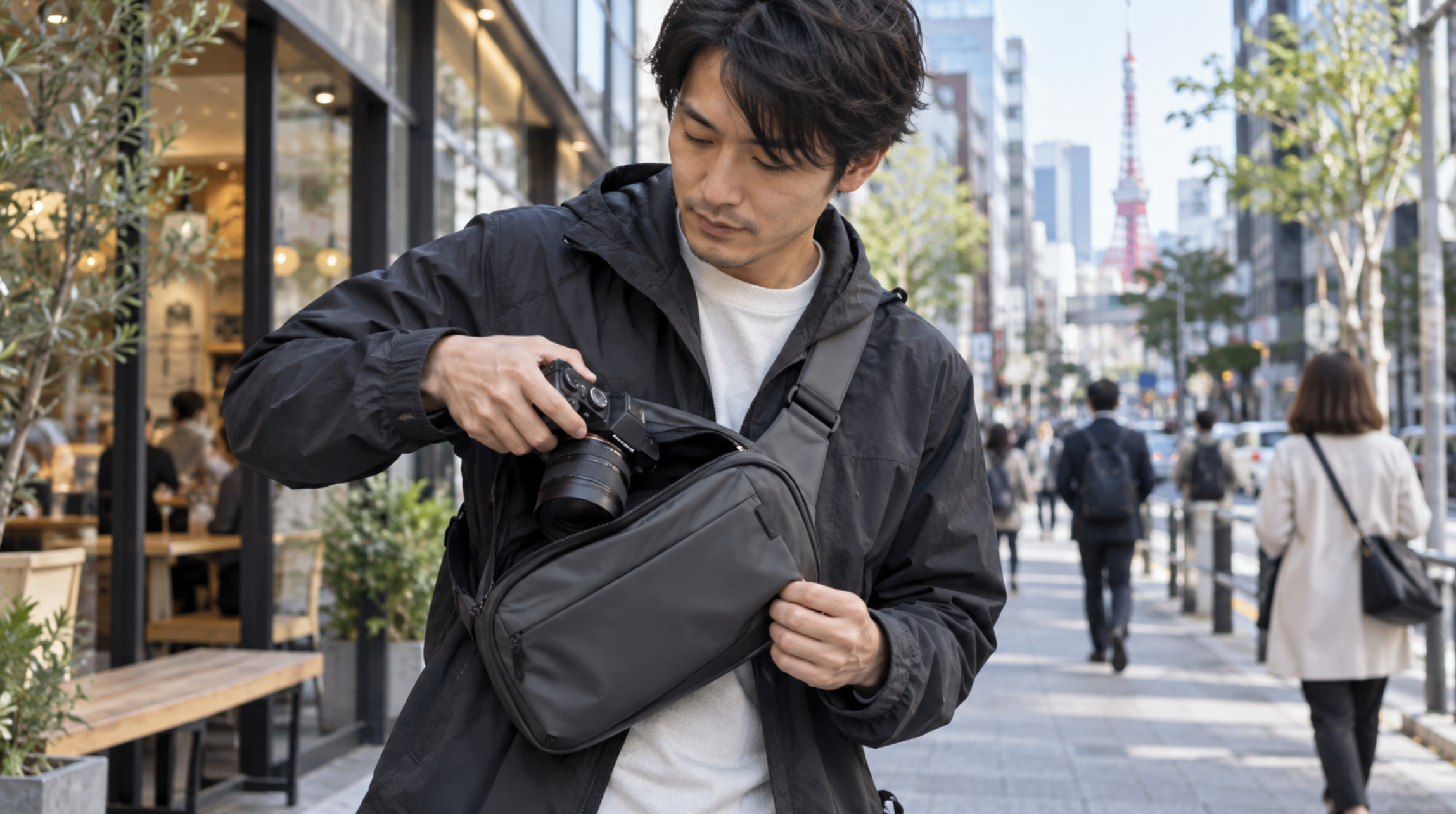 街撮りでスリングバッグからカメラを取り出す日本人男性