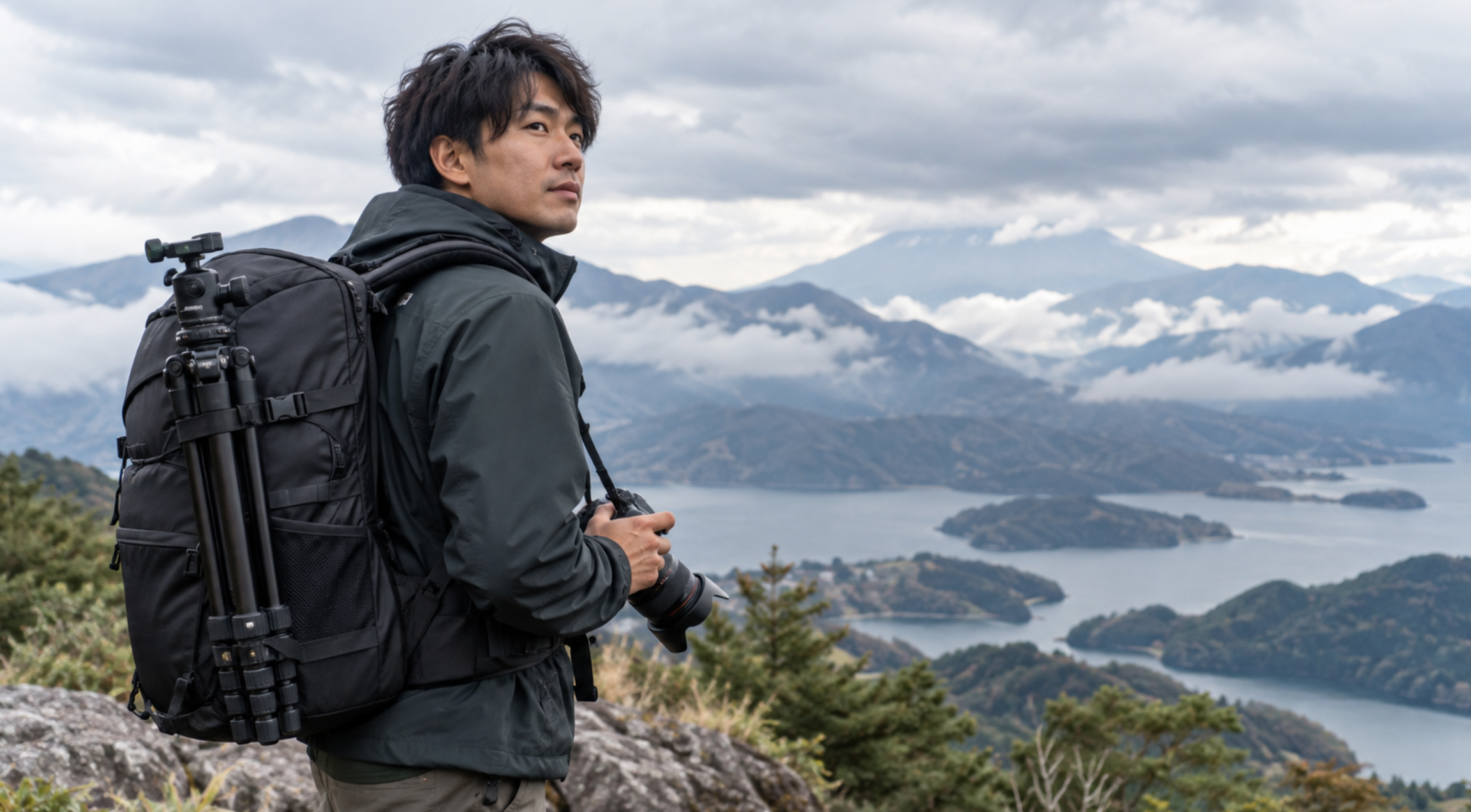 三脚付き大型カメラリュックで山岳撮影をする日本人男性