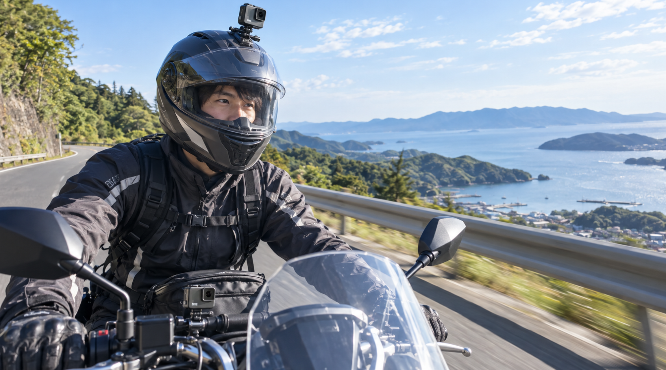 ヘルメットとバイクにアクションカメラを装着してツーリング撮影するライダー