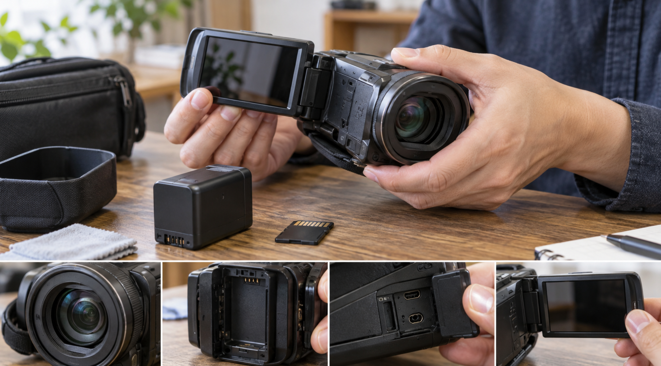 中古4Kビデオカメラのレンズや液晶、端子を確認する様子