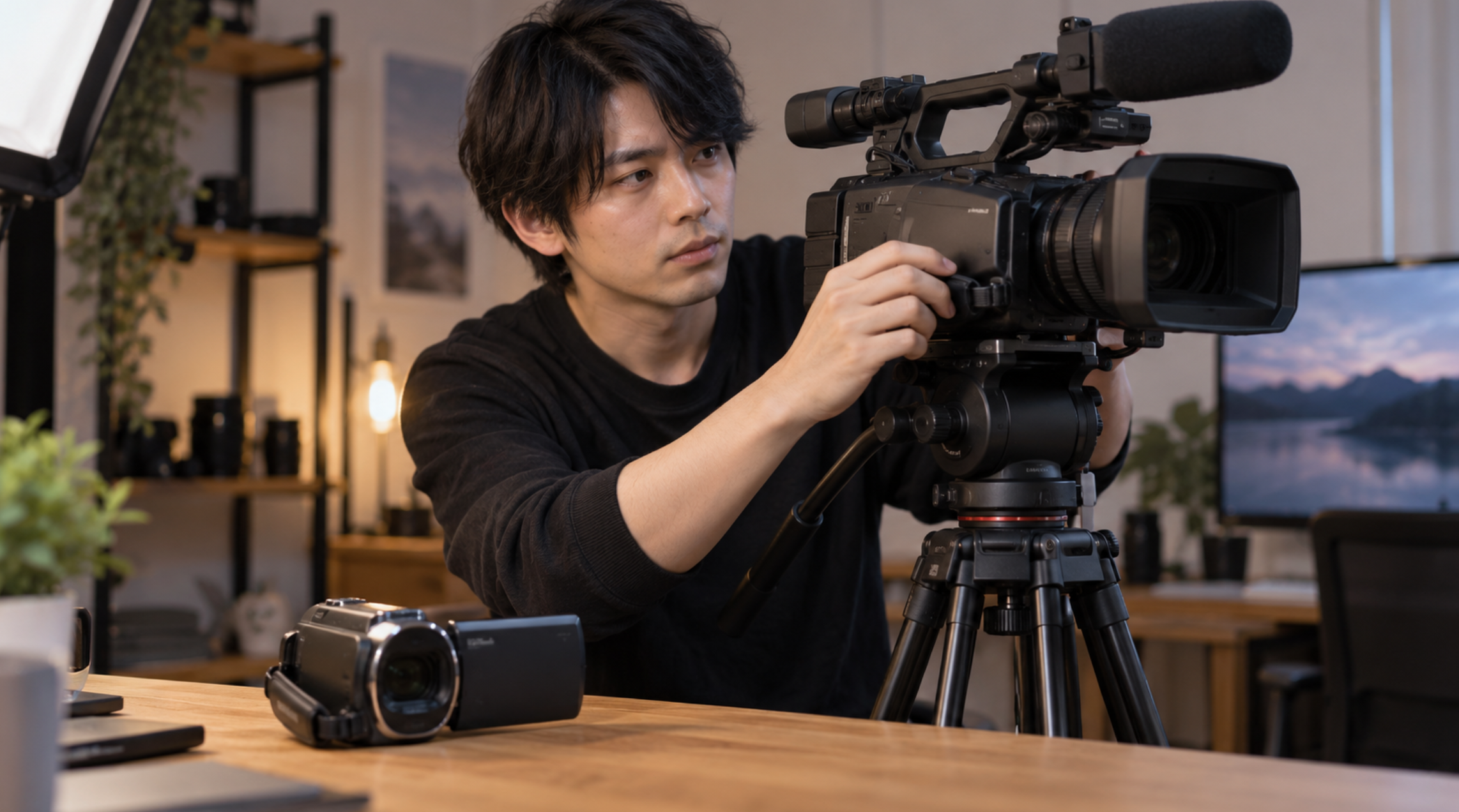 家庭用ビデオカメラと映像制作用大型カメラを比較する日本人男性