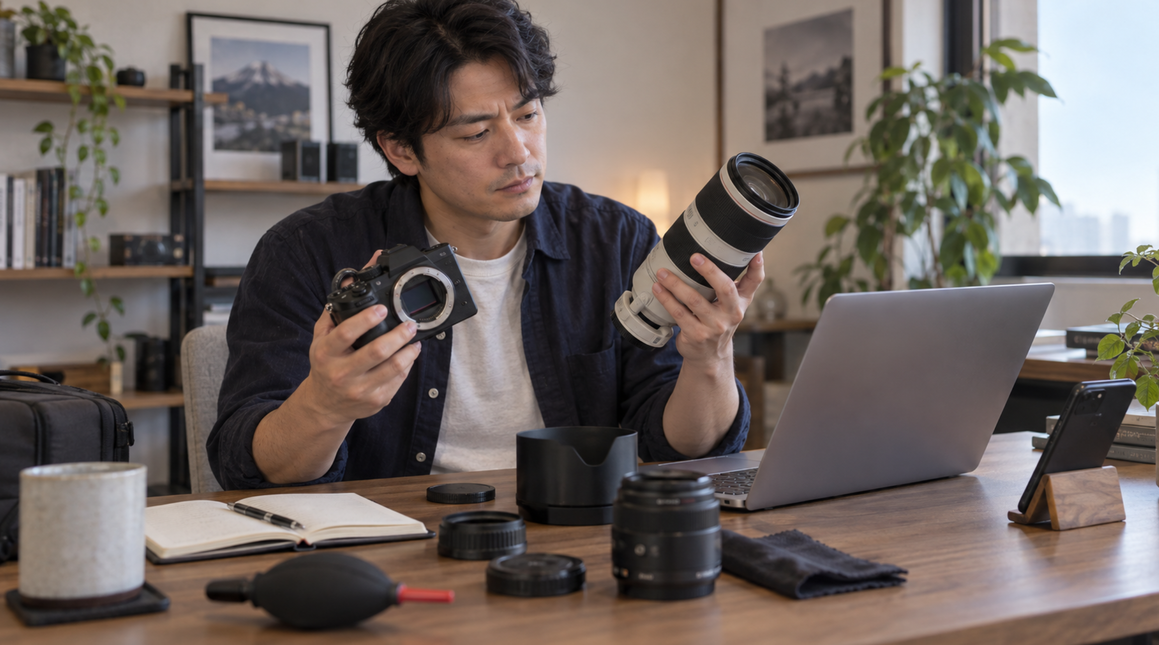 マップカメラの買取価格を確認しながらカメラと望遠レンズを比較する様子