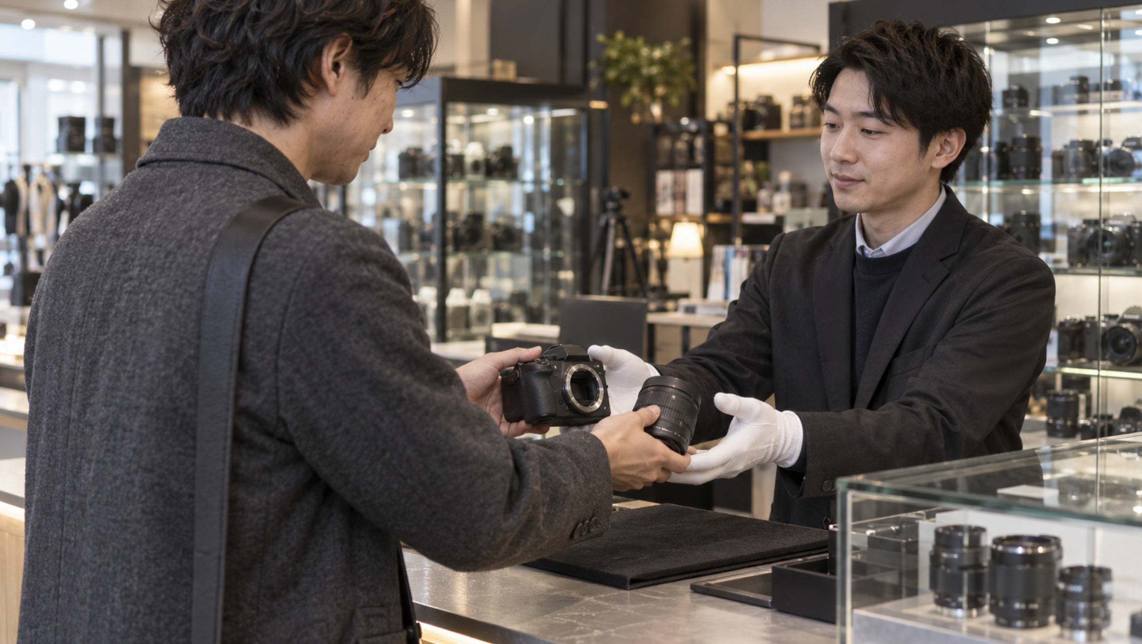 カメラ専門店の店頭でカメラとレンズを持ち込み査定する様子