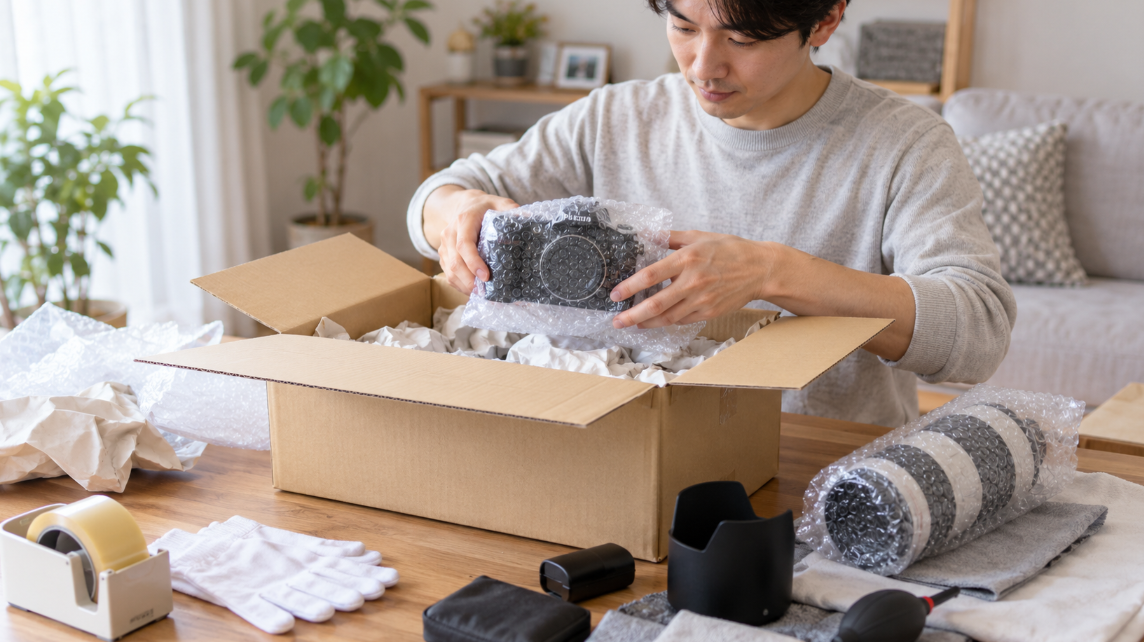 発送買取のためカメラと望遠レンズを緩衝材で梱包する様子