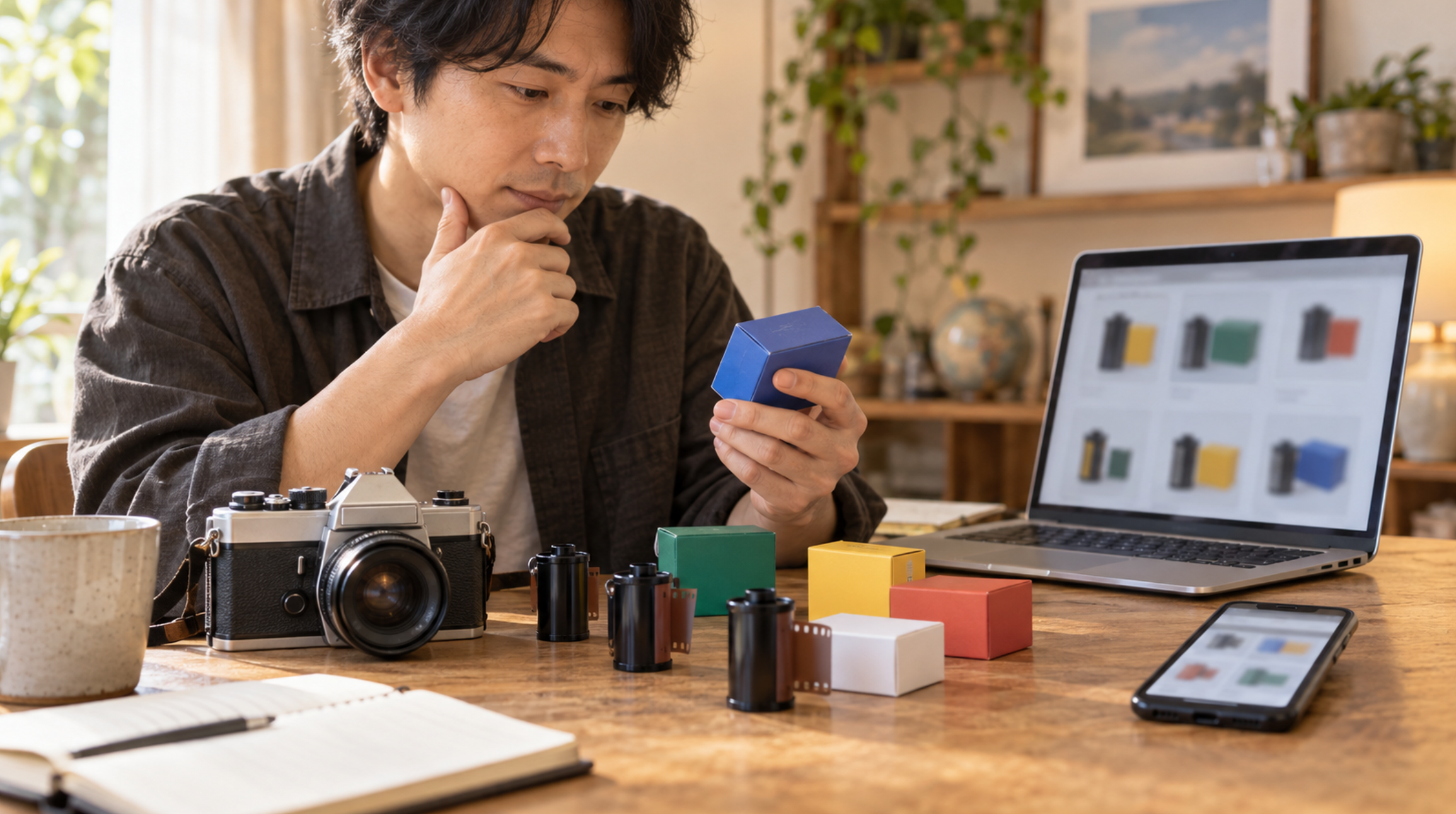 35mmフィルムの購入先を通販で比較する男性とフィルムカメラ