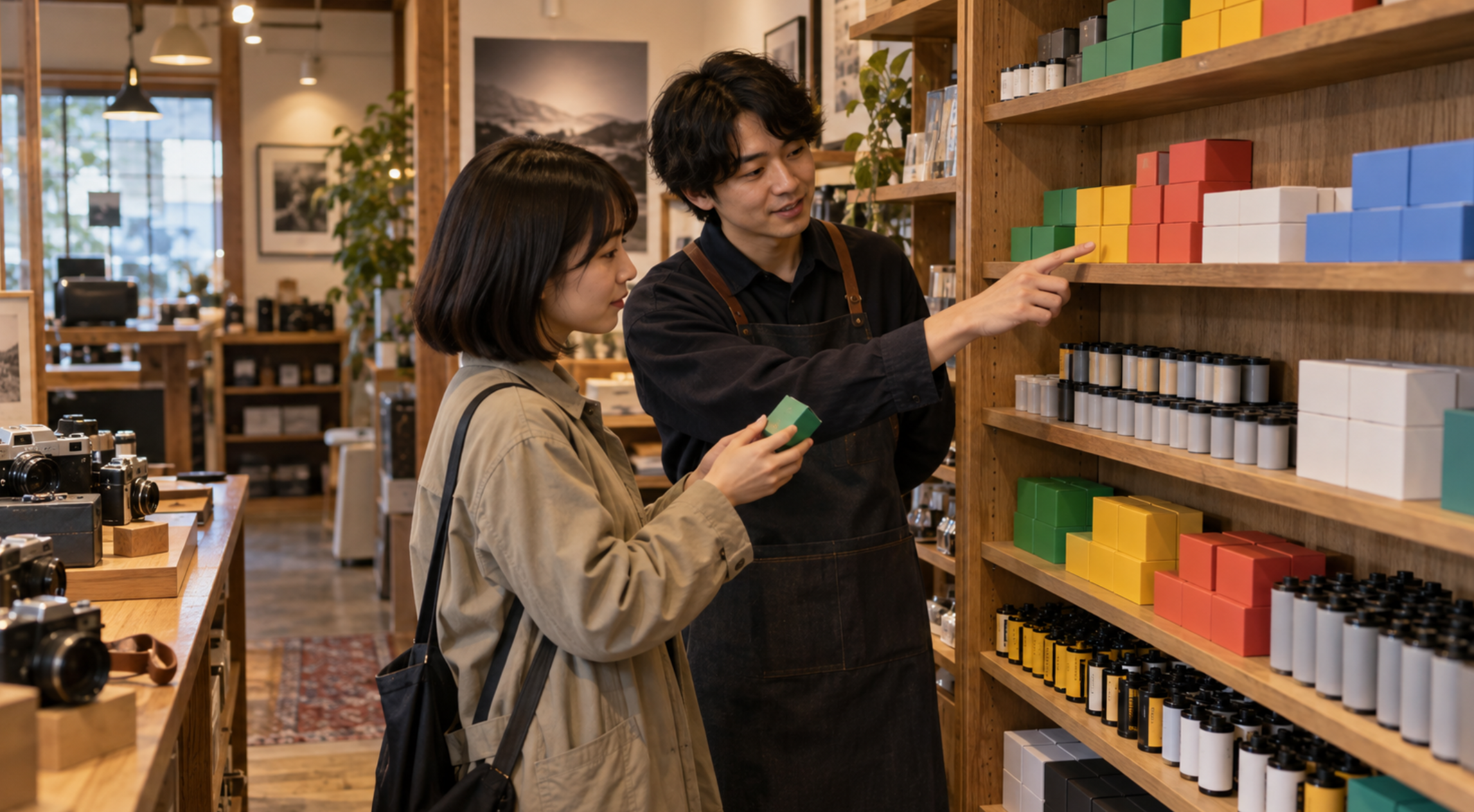 カメラ店で35mmフィルムを選ぶ日本人客とスタッフ