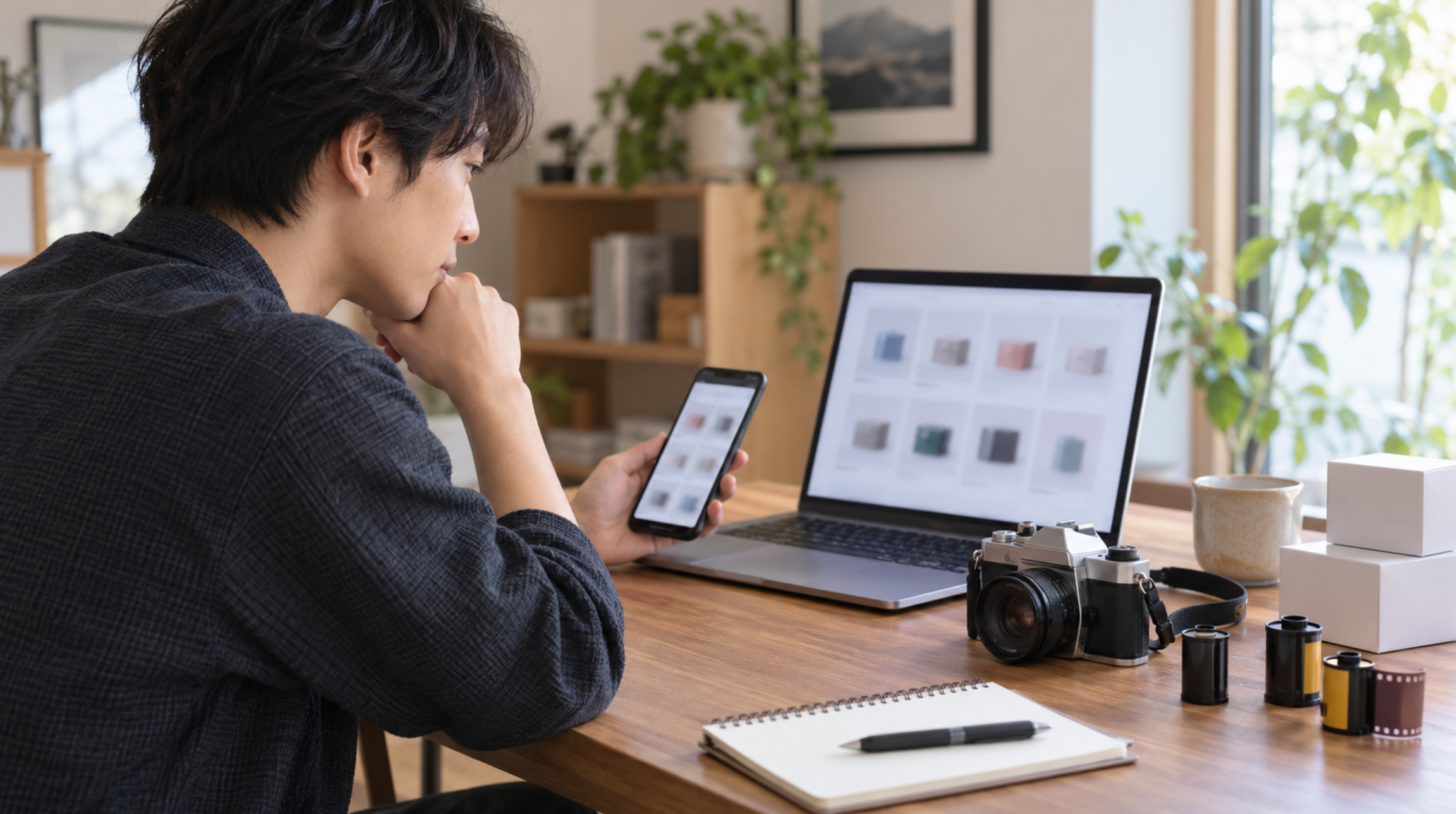 35mmフィルムの在庫をパソコンとスマホで確認する男性